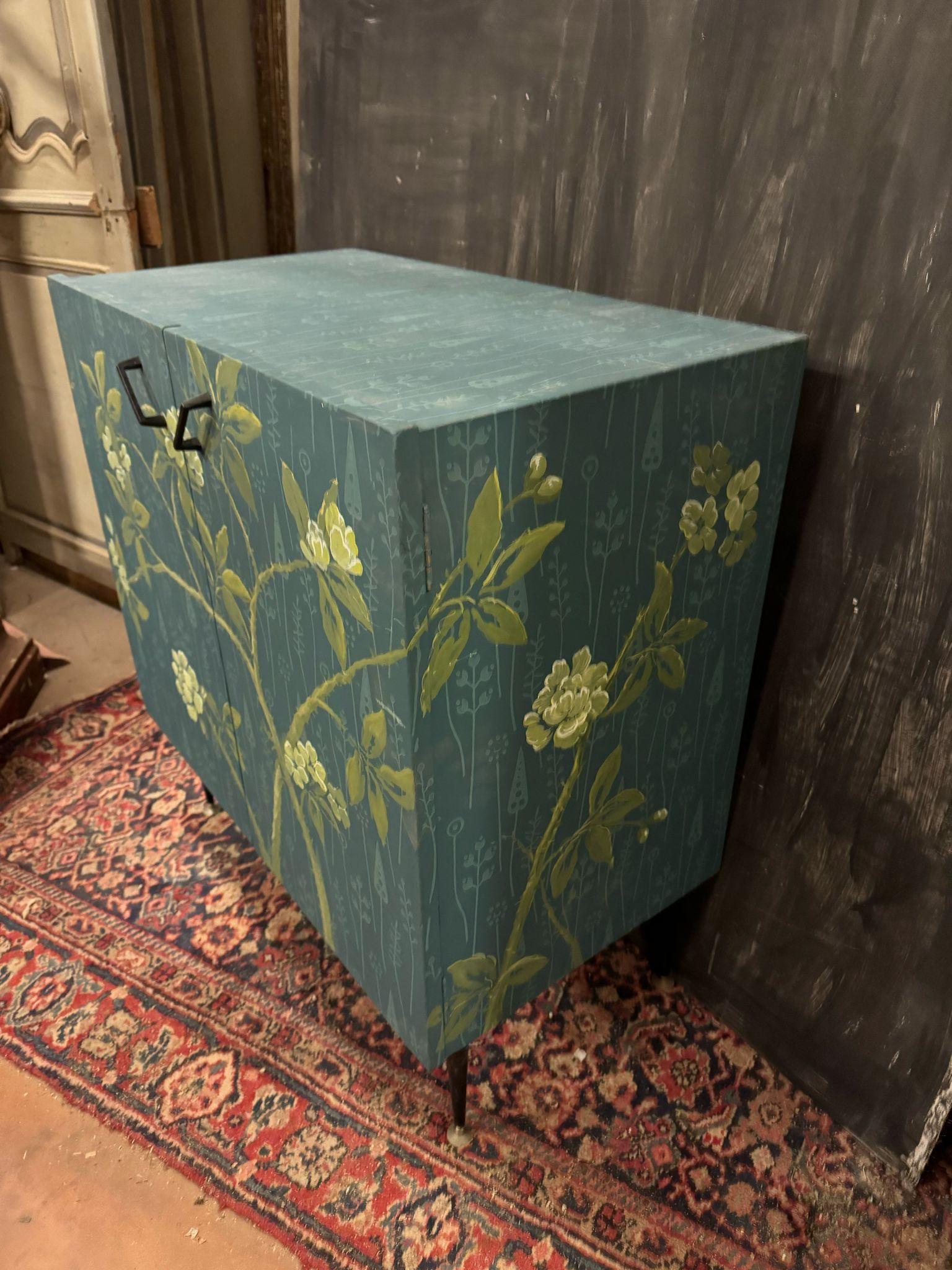Plywood Lacquered wooden cabinet with vintage floral paintings, Italy For Sale