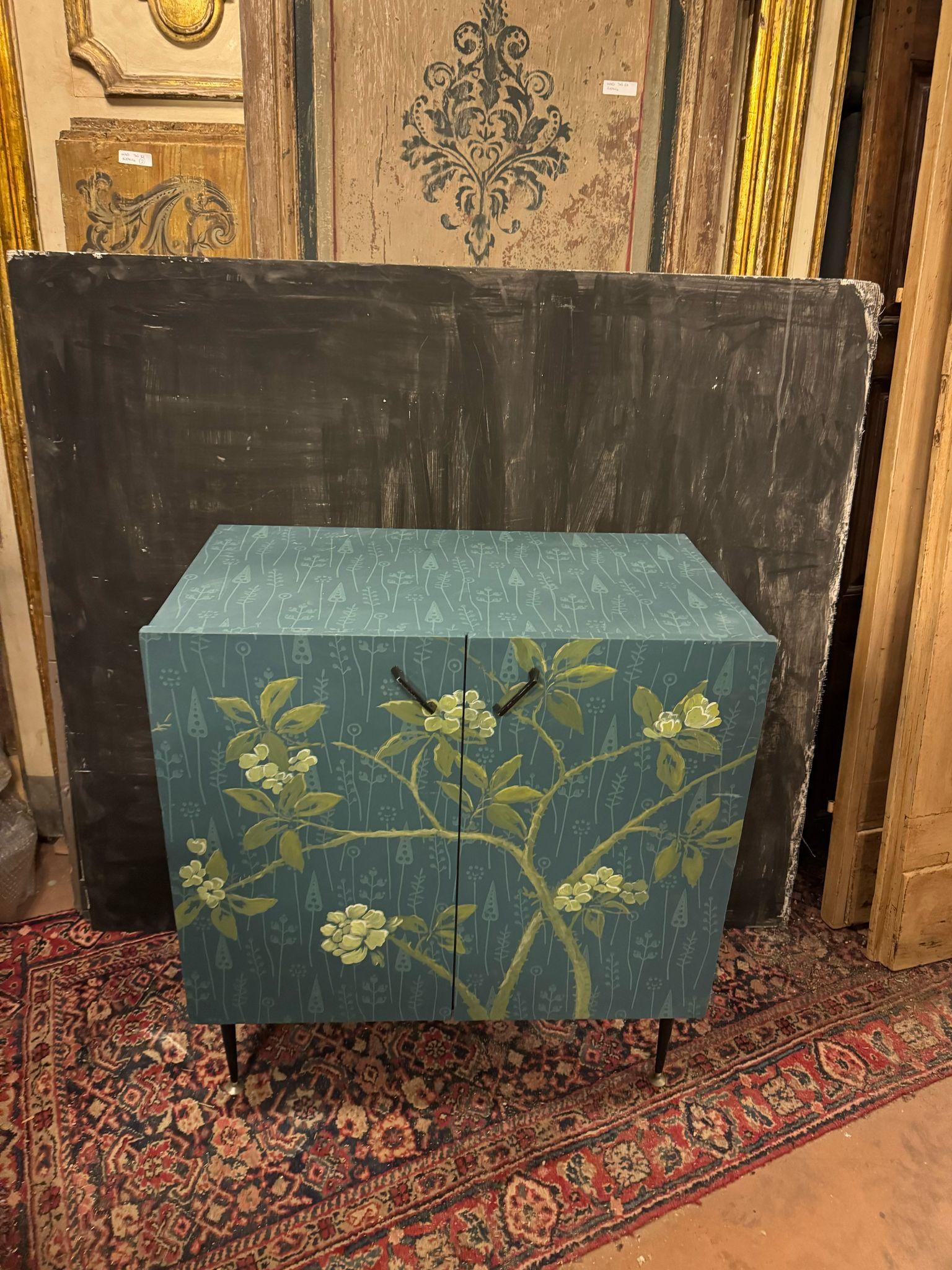 Lacquered wooden cabinet with vintage floral paintings, Italy For Sale 1