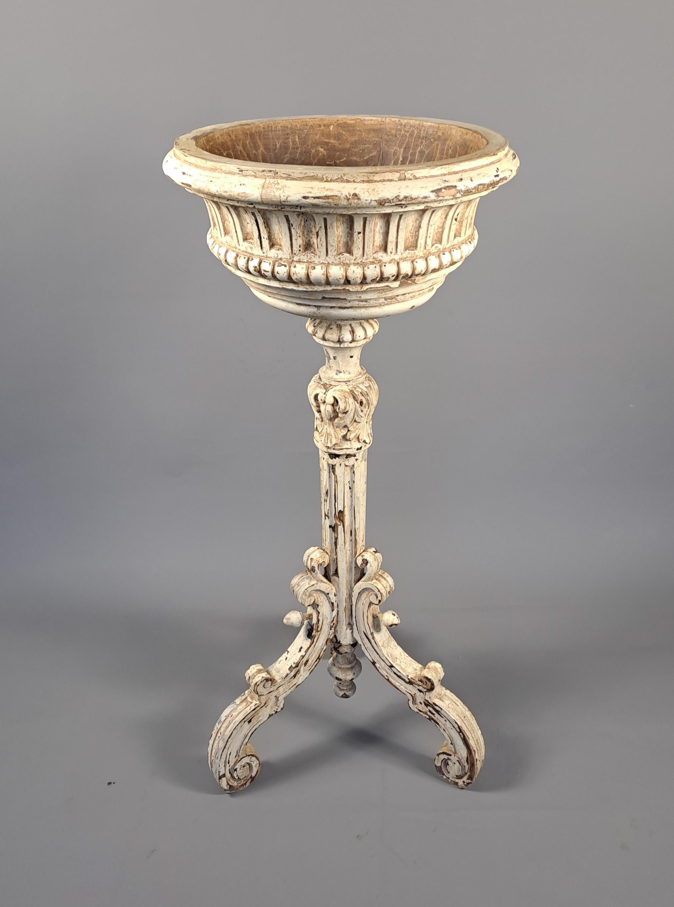 Rare white lacquered wooden planter consisting of a neoclassical style basin mounted on a fluted shaft finished with a tripod base.

Antique work, early 19th century.

Good condition, wear and patina to the lacquer.