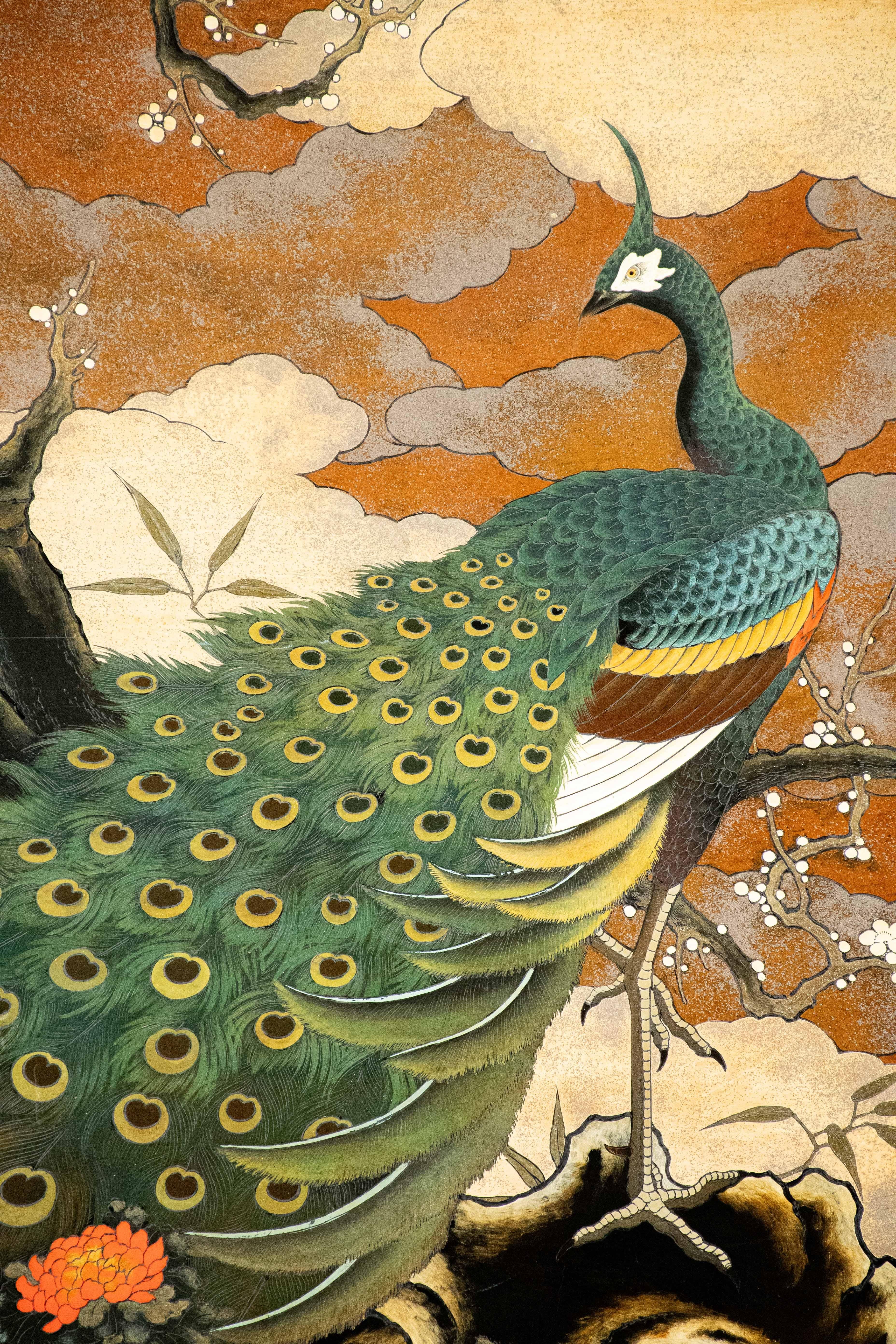 Japonisme Lacquered Wooden Screen Decorated With A Peacock And A Refined Landscape For Sale