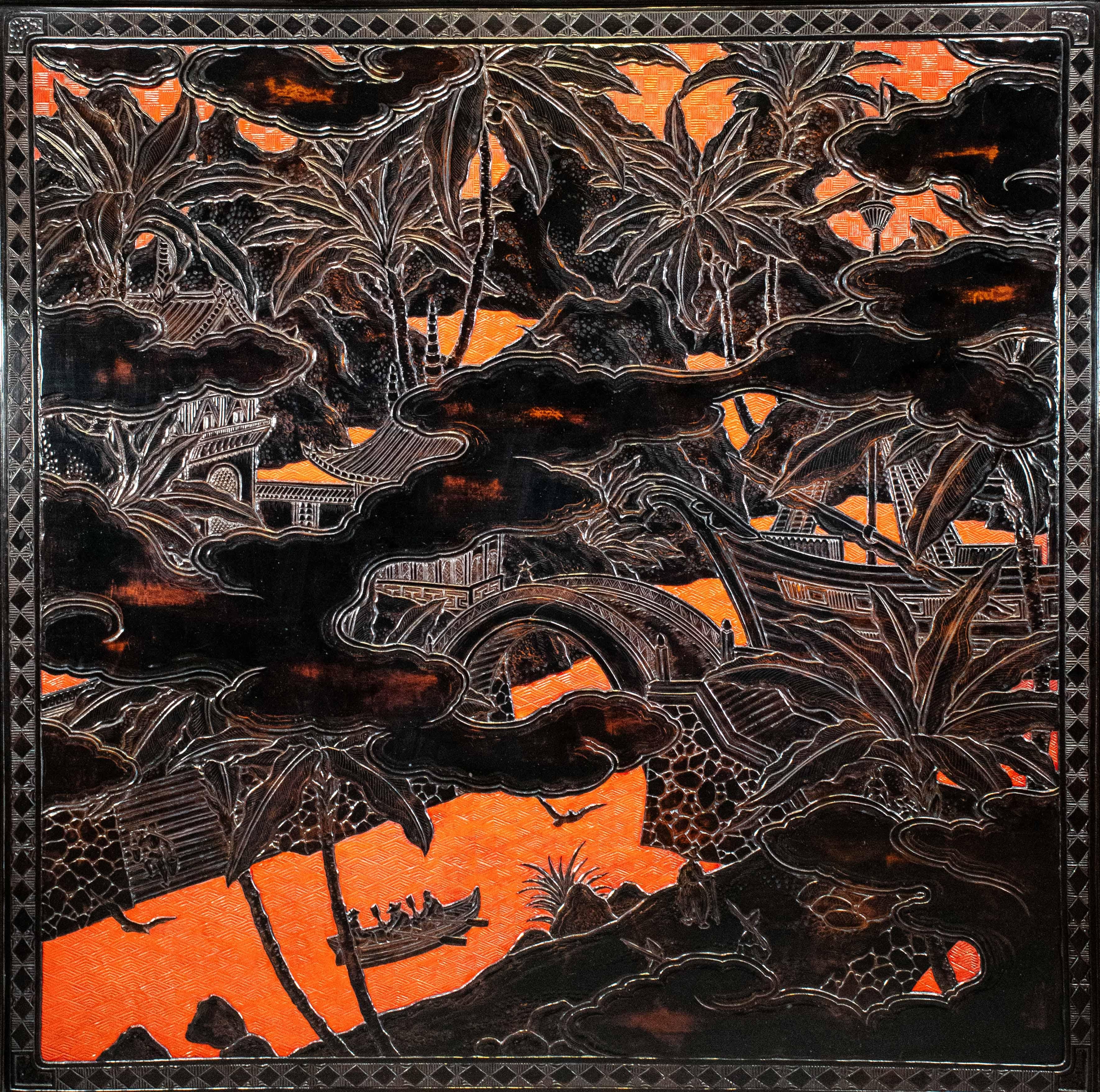 Lacquered Wooden Screen Decorated With A Peacock And A Refined Landscape For Sale 2