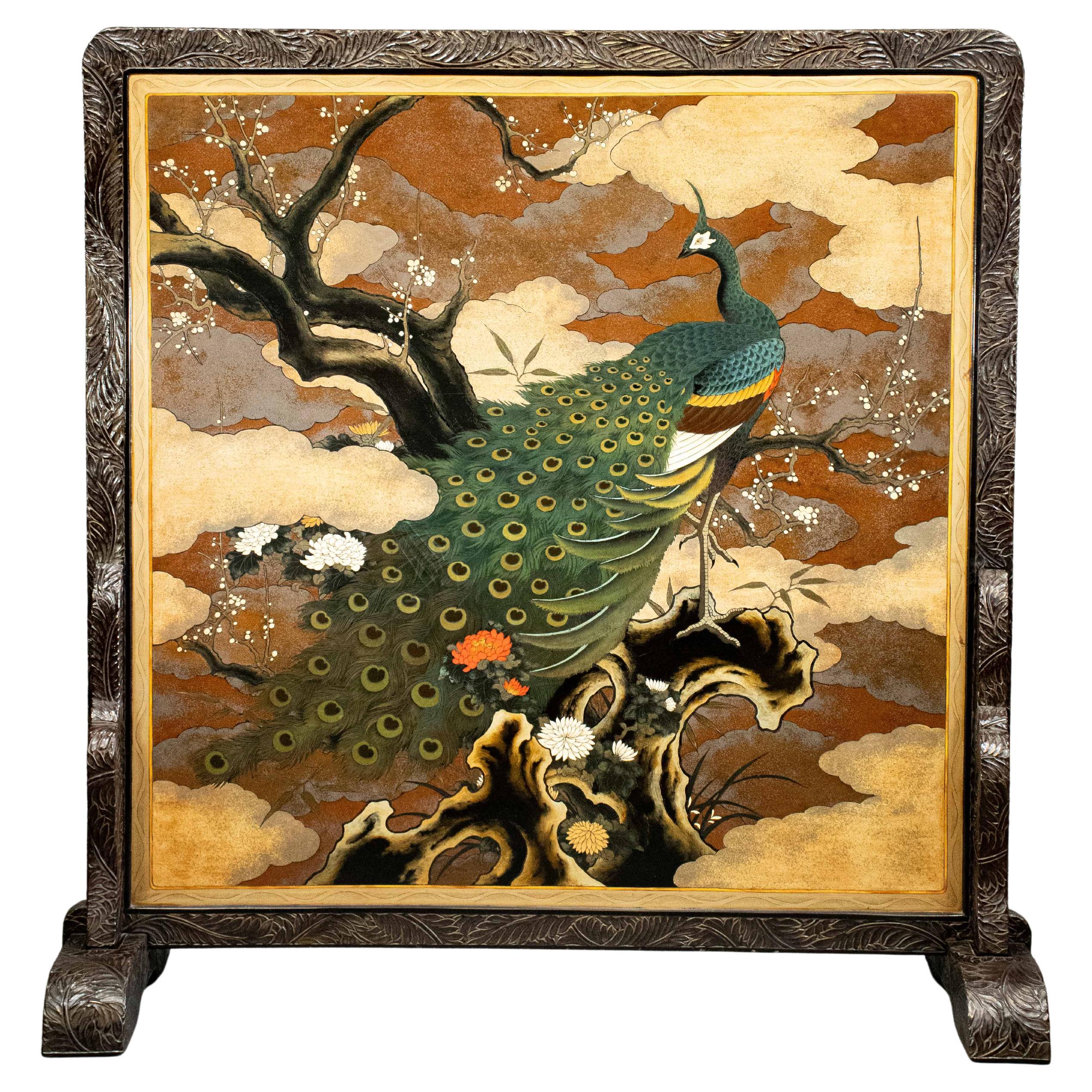 Lacquered Wooden Screen Decorated With A Peacock And A Refined Landscape For Sale