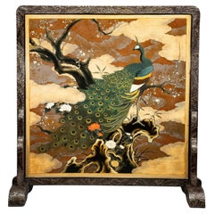 Lacquered Wooden Screen Decorated With A Peacock And A Refined Landscape