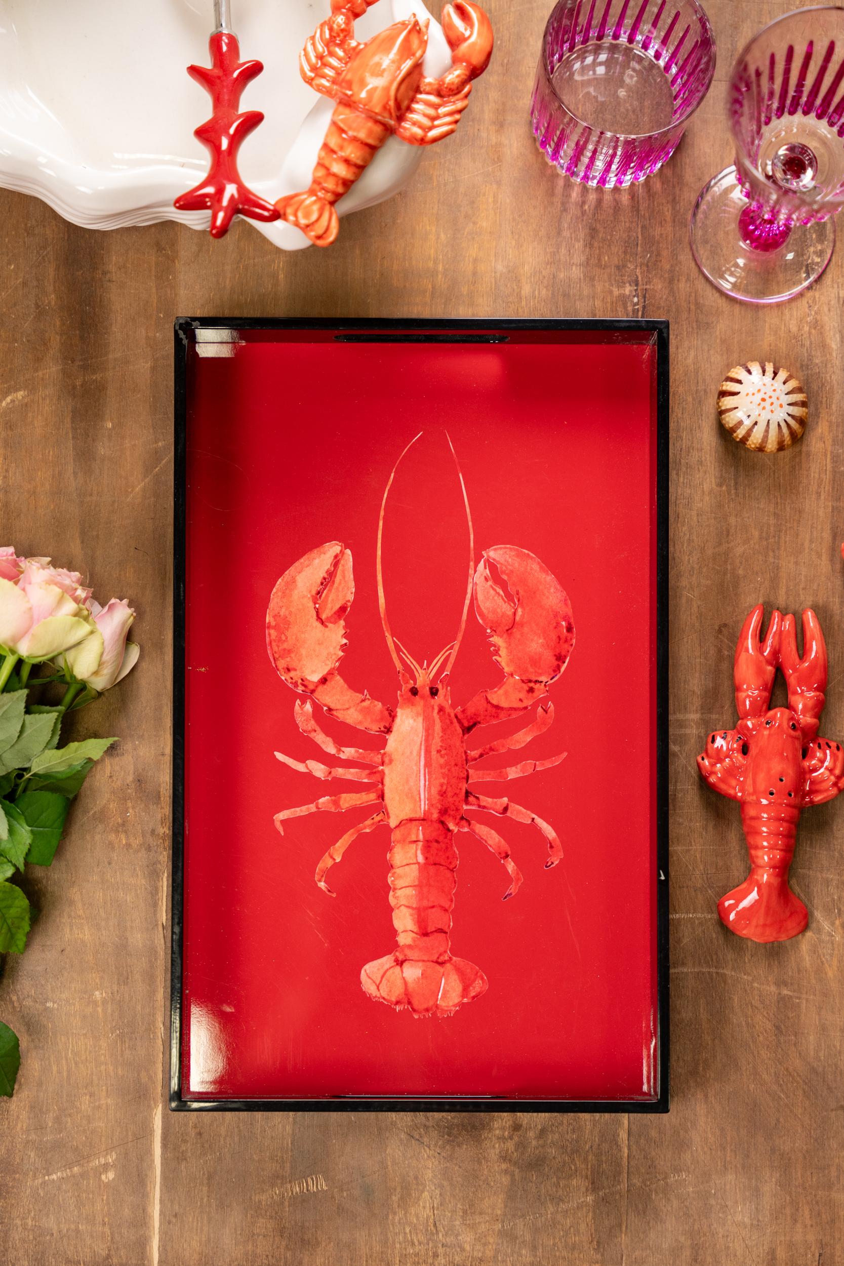 Vietnamien Plateau en bois laqué avec poignées - Lobster en vente