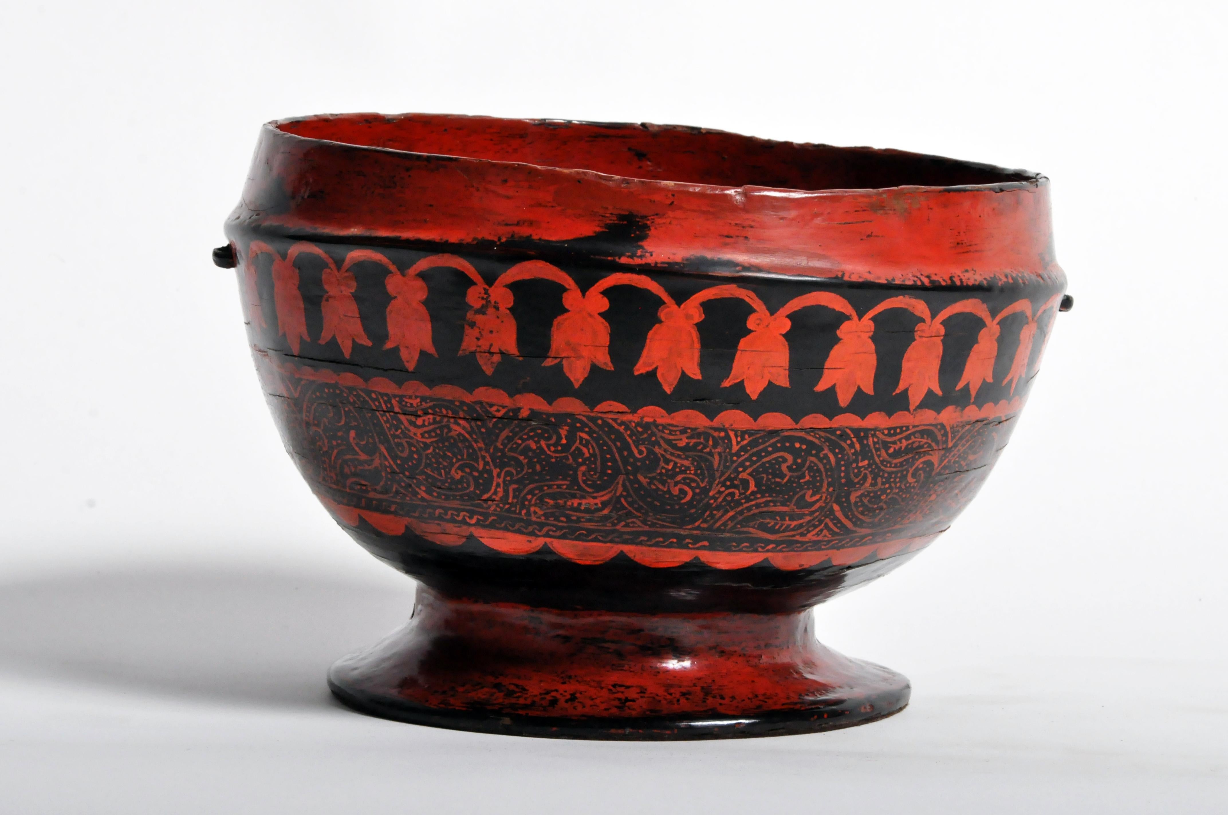 Thailand and Burma are both famous for sturdy and beautiful vessels, platters, and boxes made from lacquered wood and bamboo. Sap from the Laq tree was mixed with iron filings to produce black lacquer and with cinnabar powder to produce red lacquer.