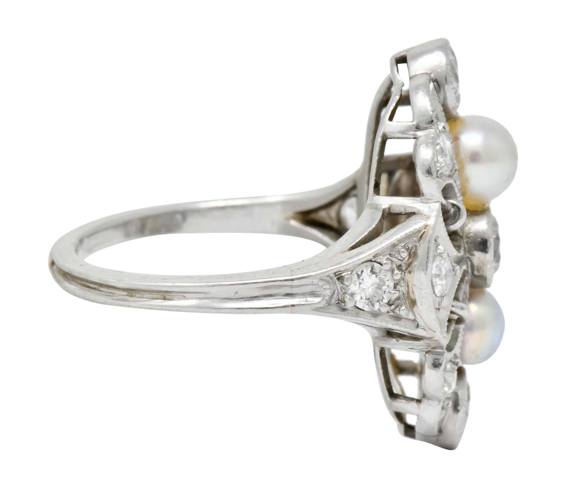 Lacy Edwardian Diamond Natural Pearl Platinum Dinner Ring In Excellent Condition In Philadelphia, PA