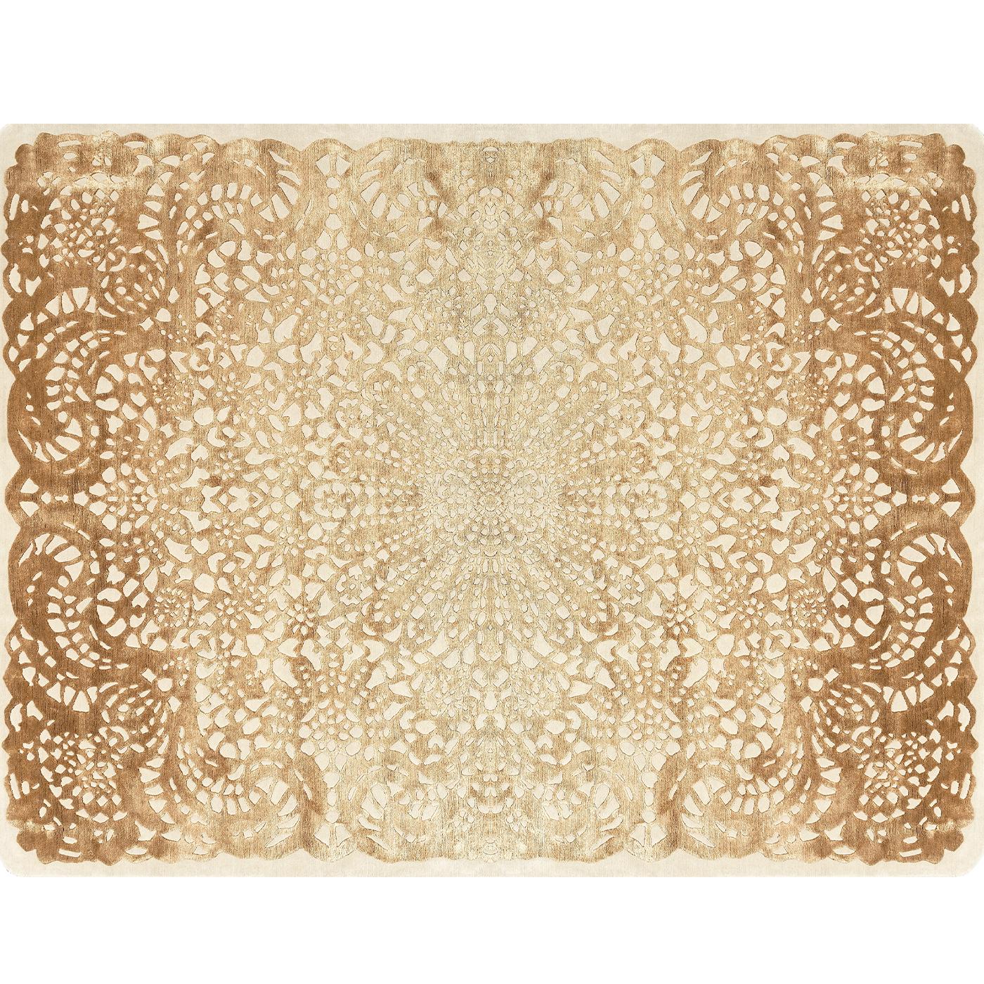 Part of the Palace Collection, this refined rug is distinguished by a flamboyant, golden decoration (H .07cm) reminding of intricate and alluring crochets set against a .05cm-high, cream-colored base. Its luxurious flair derives from a painstaking