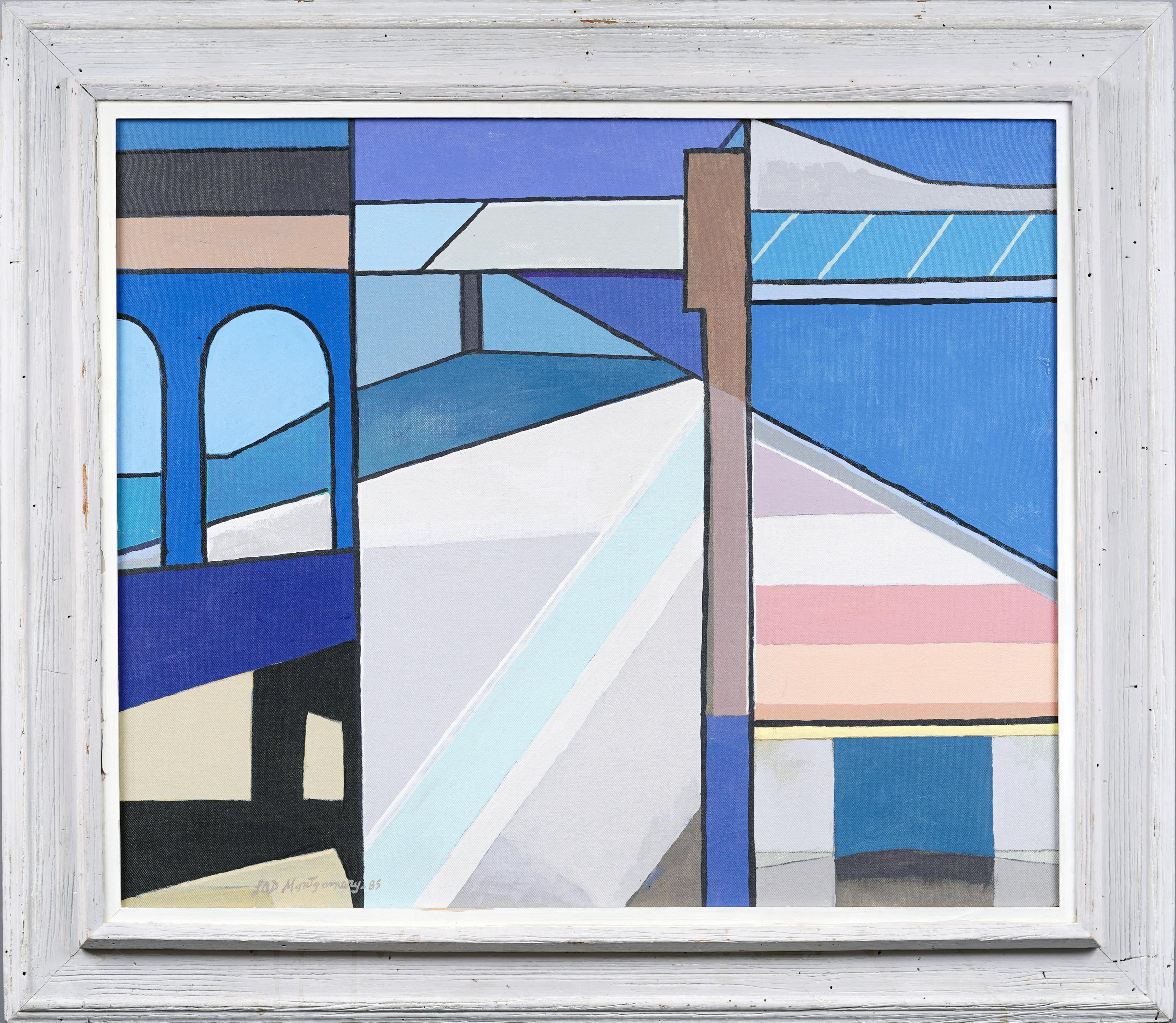 Antike amerikanische Modernist Abstrakte Precisionist Landschaft Gerahmte Ölgemälde – Painting von Lad Montgomery