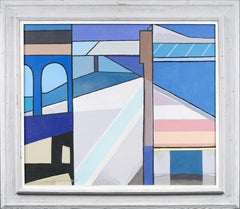 Antique American Modernist Abstract Precisionist Landscape Framed Oil Painting