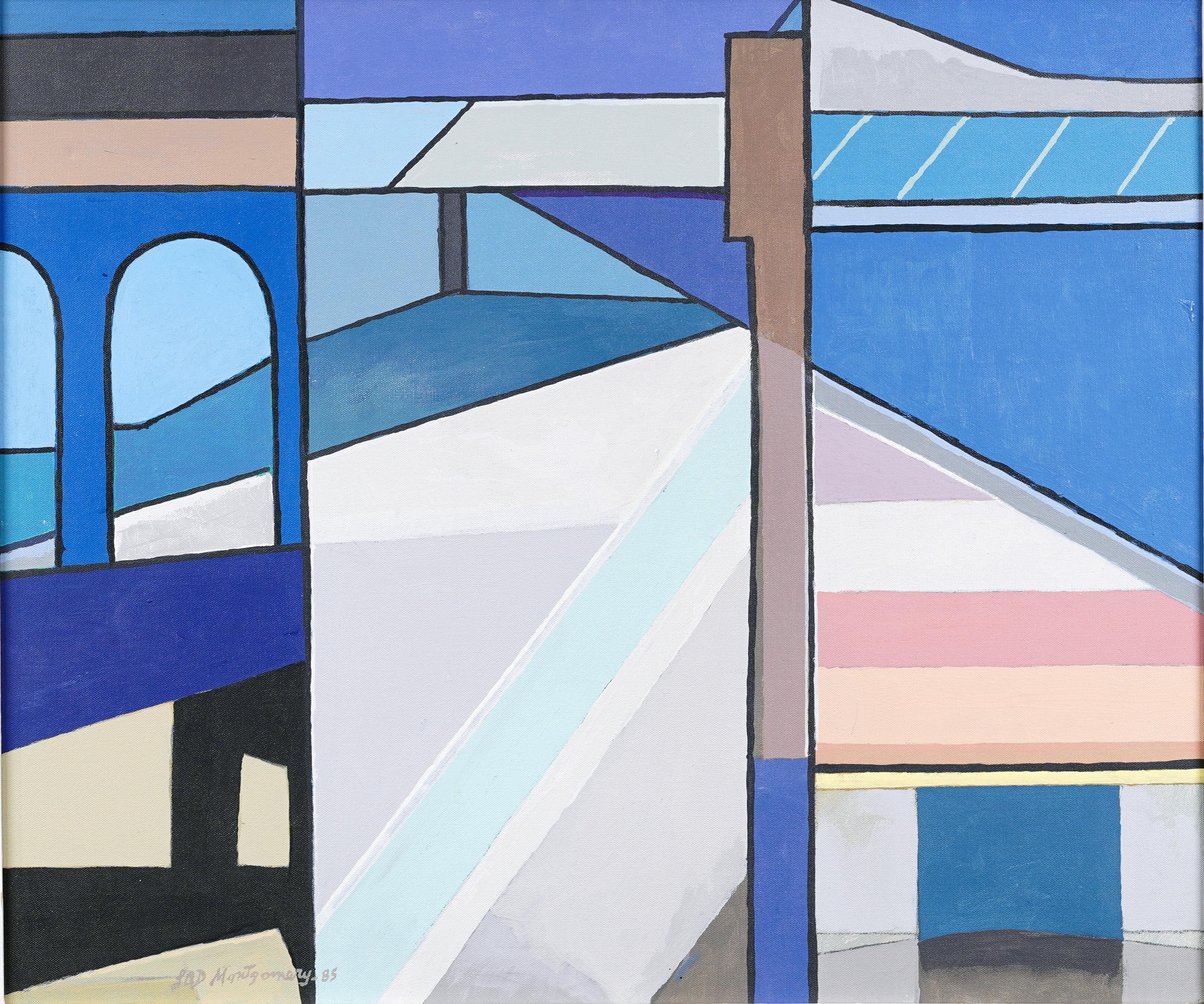 Antike amerikanische Modernist Abstrakte Precisionist Landschaft Gerahmte Ölgemälde (Grau), Abstract Painting, von Lad Montgomery