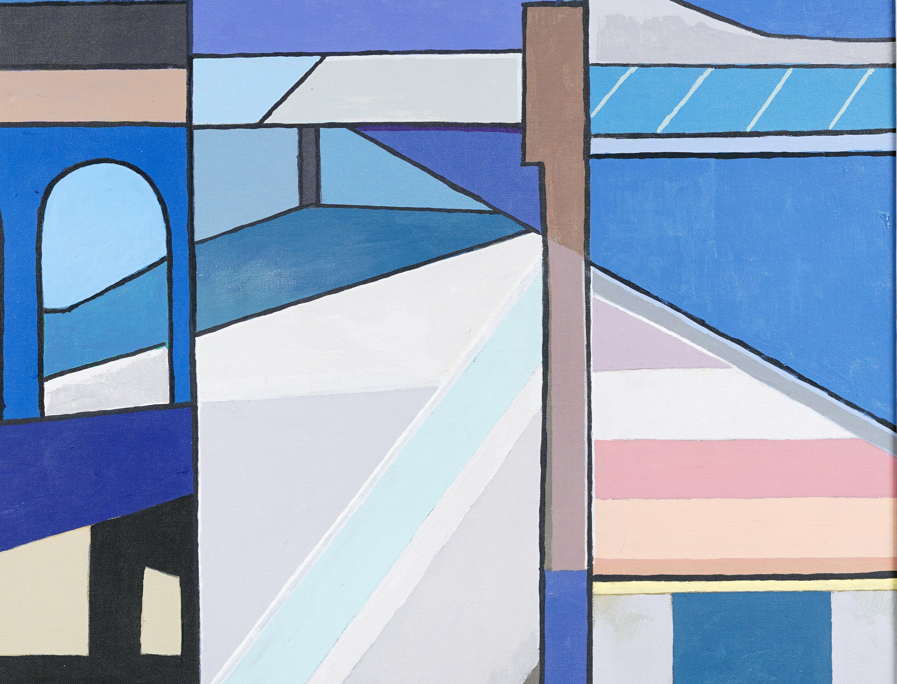 Antike amerikanische Modernist Abstrakte Precisionist Landschaft Gerahmte Ölgemälde im Angebot 1