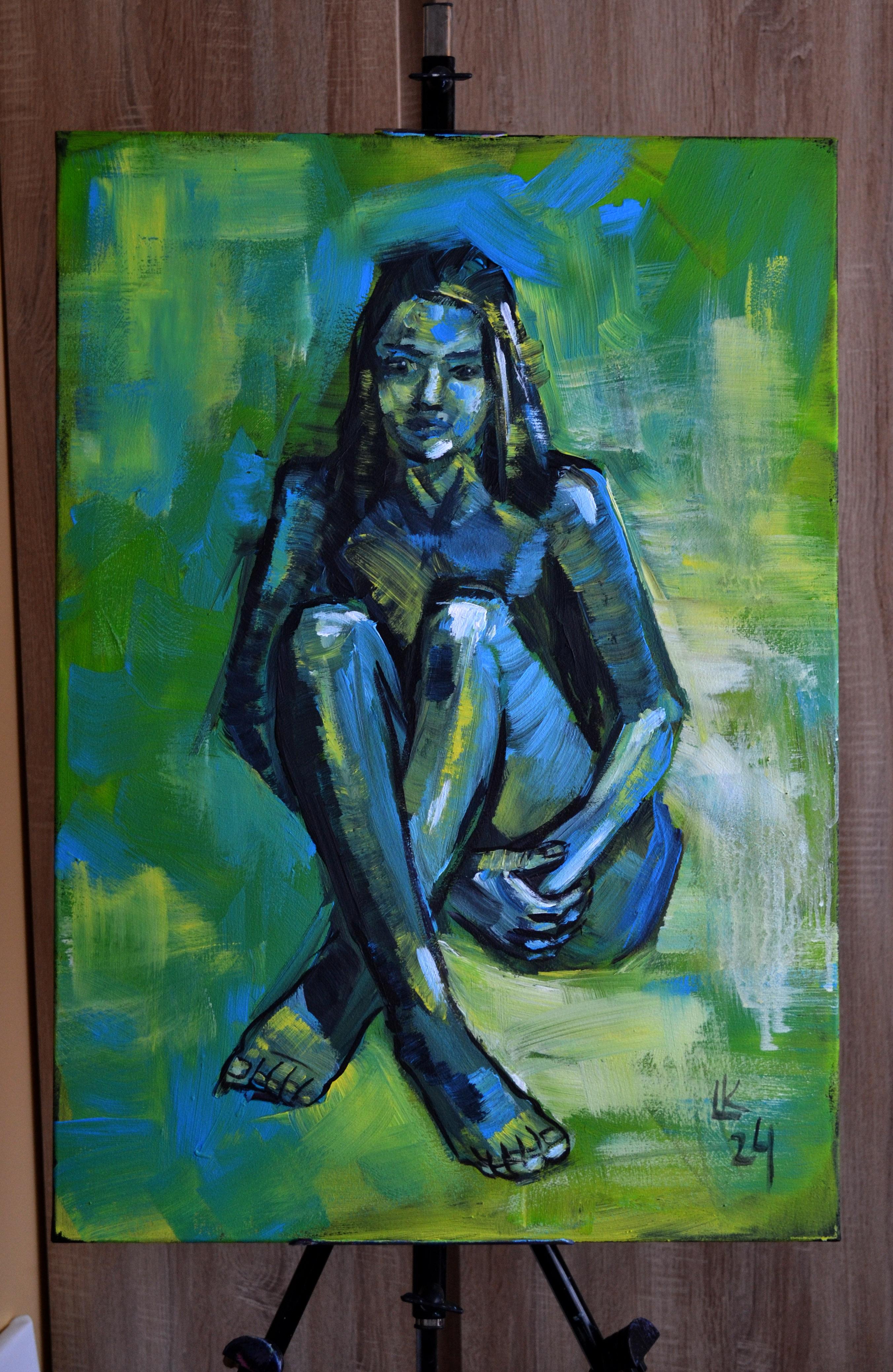 Contemplation in Blue and Green Nude Women Portrait Painting by Lada Kholosho For Sale 1