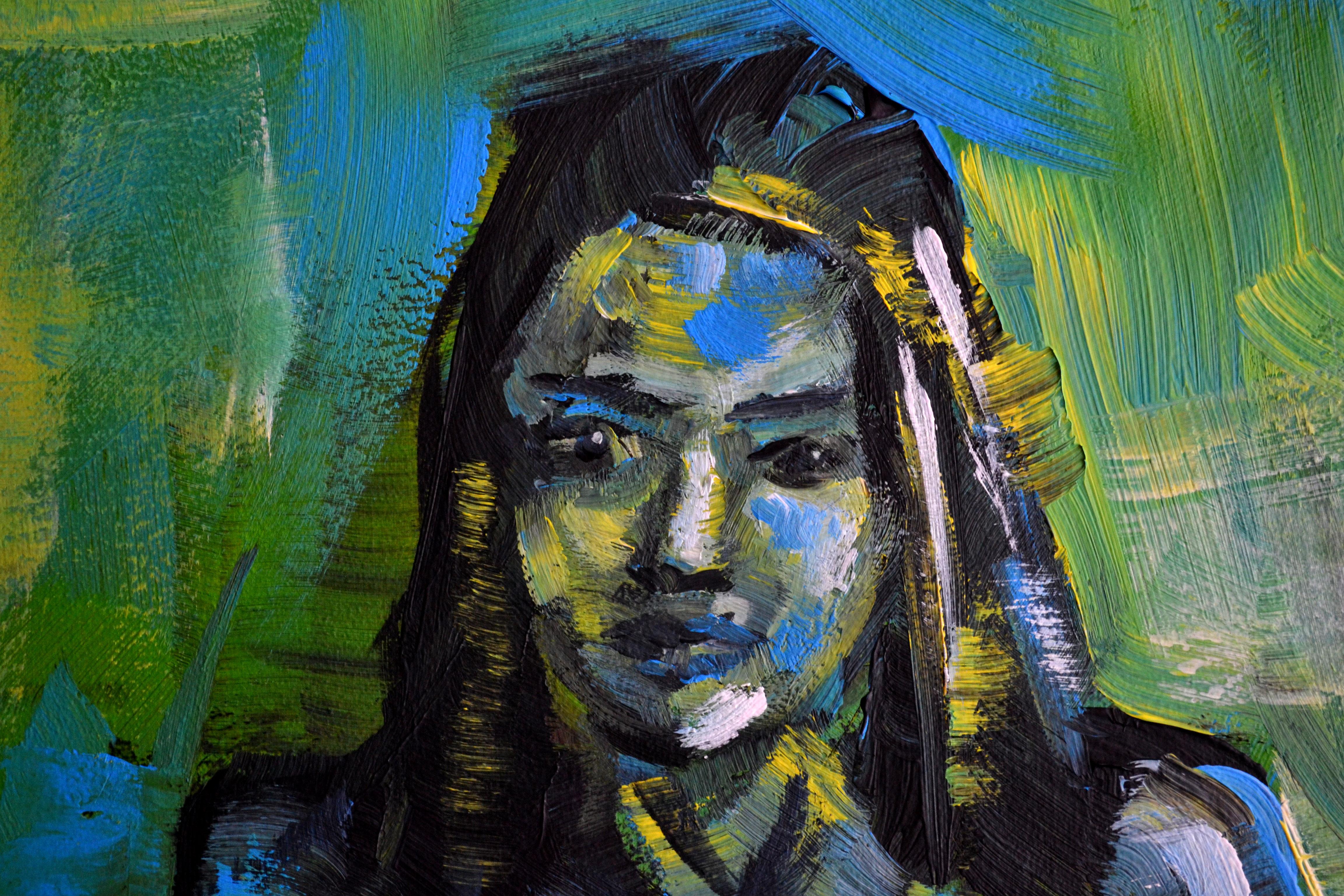 Contemplation in Blue and Green Nude Women Portrait Painting by Lada Kholosho For Sale 2