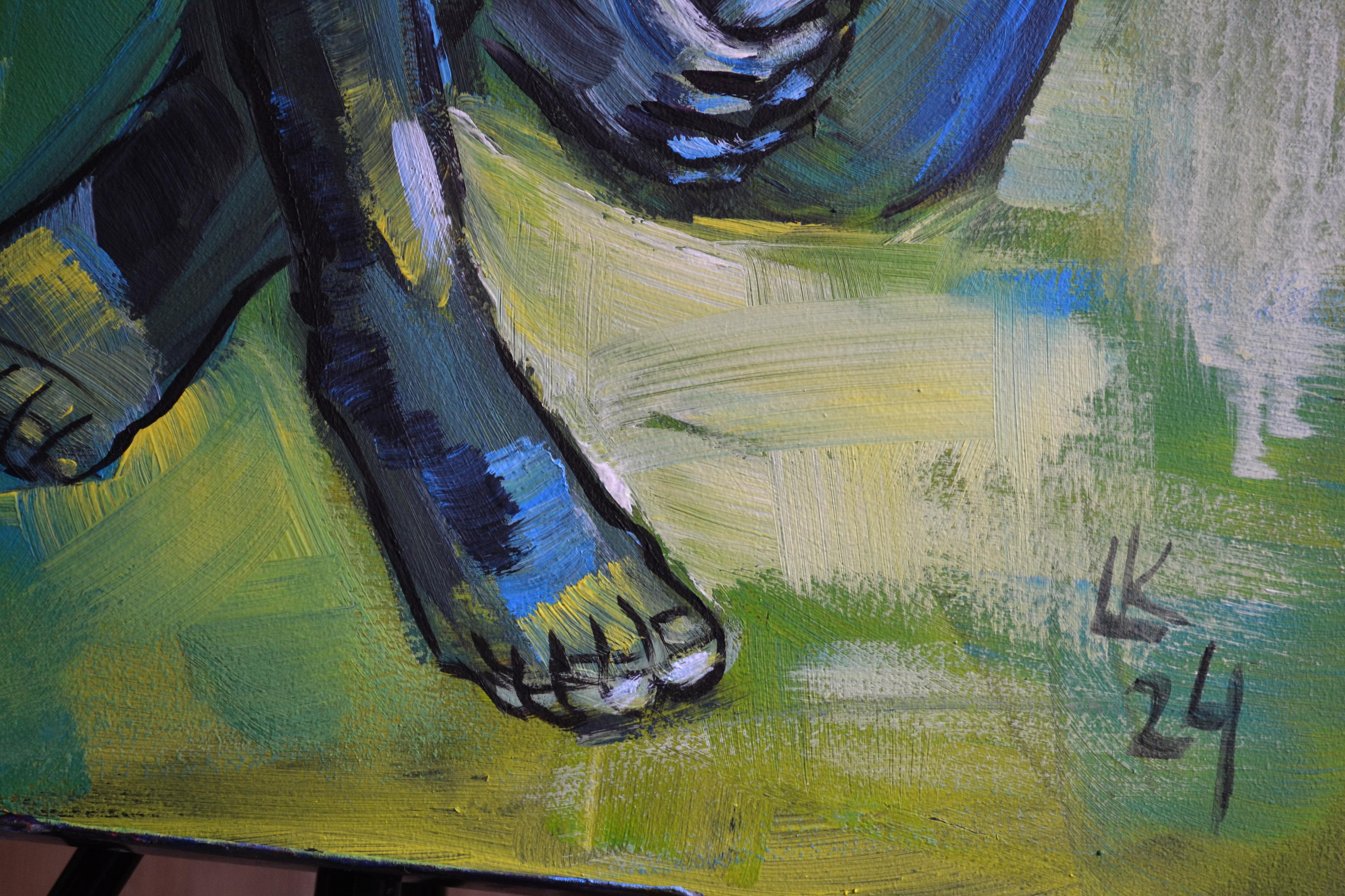 Contemplación en azul y verde Retrato de mujer desnuda pintado por Lada Kholosho en venta 3