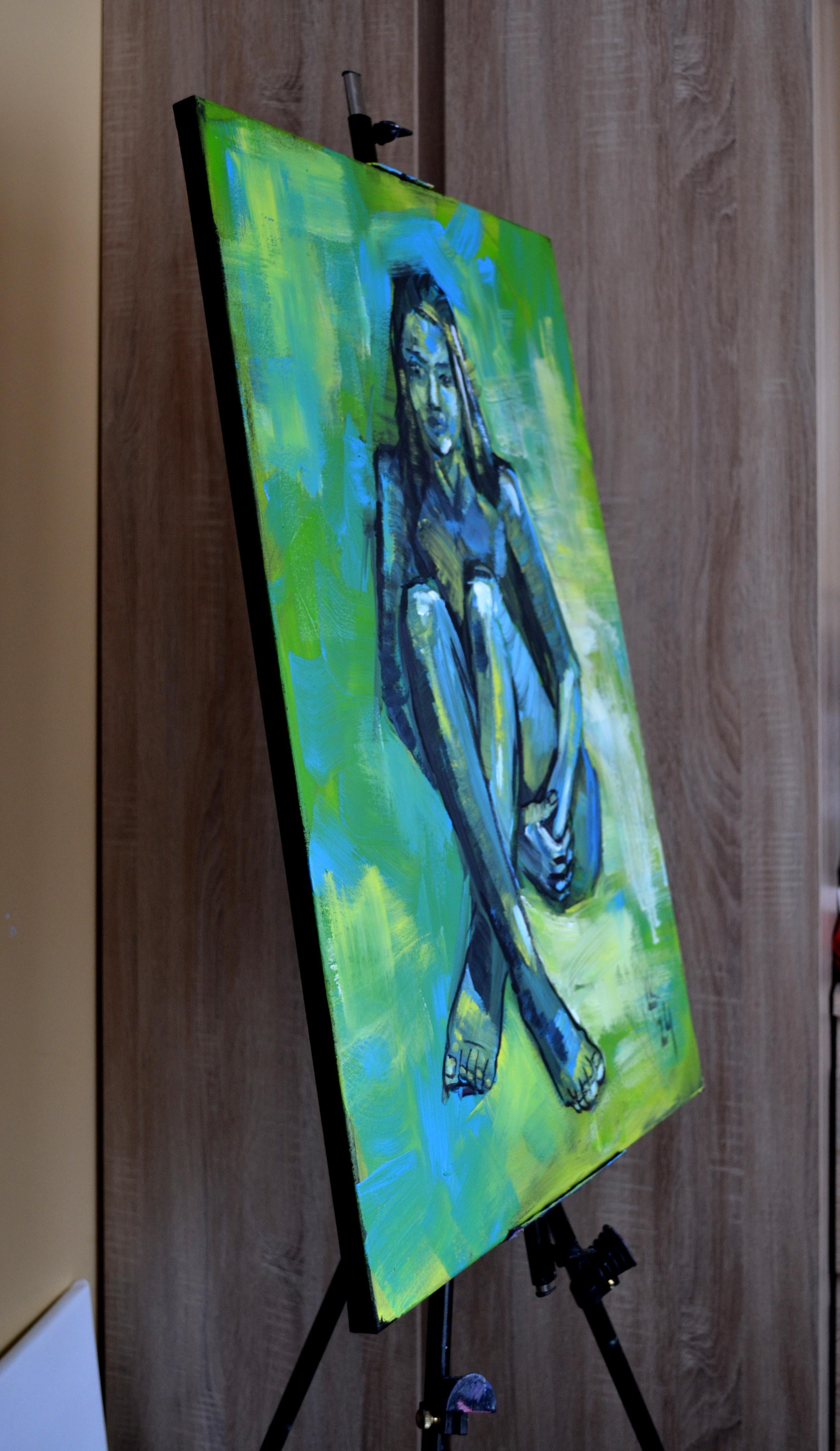 Contemplation in Blue and Green Nude Women Portrait Painting by Lada Kholosho For Sale 4