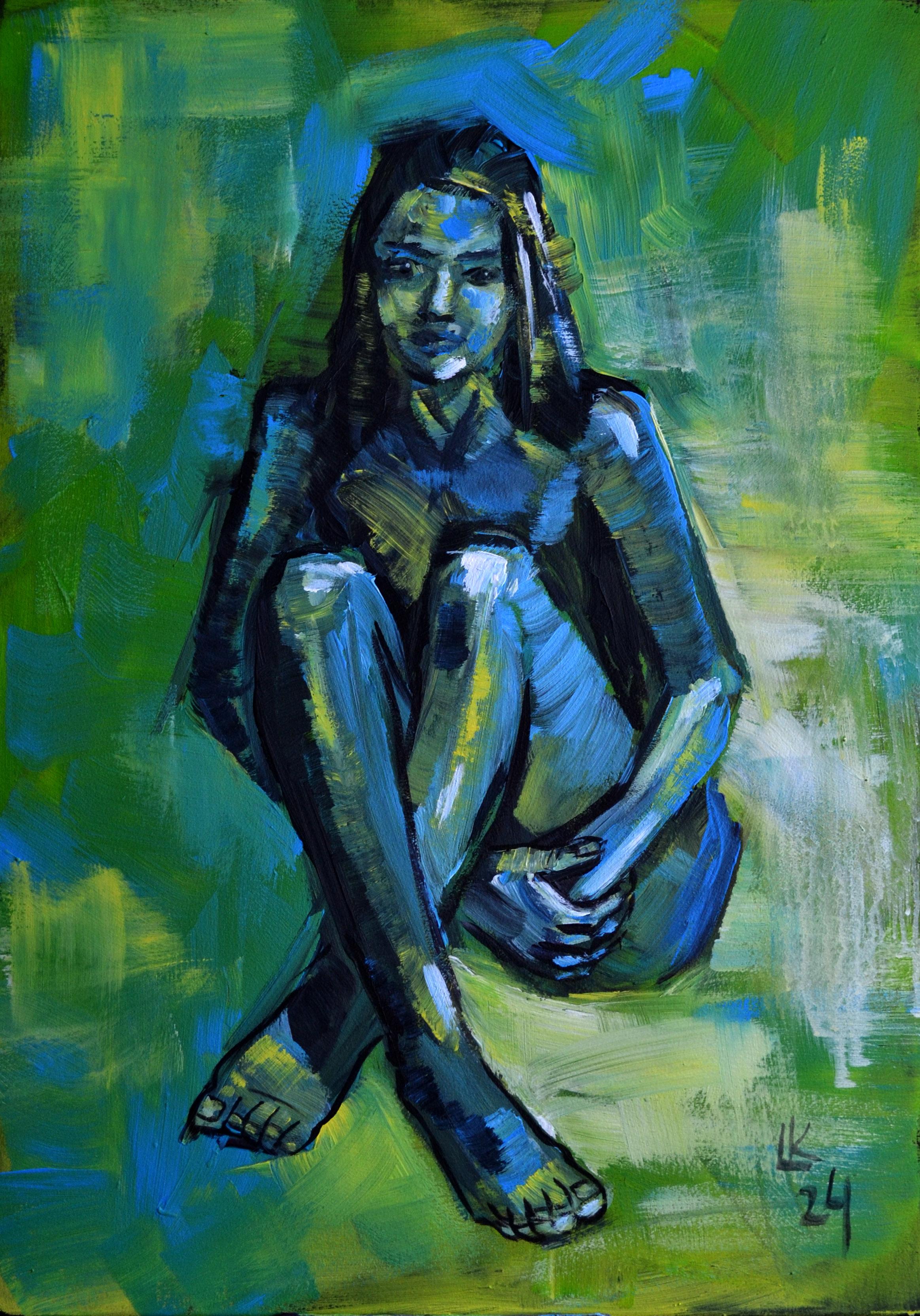 This original acrylic painting, rendered on a quality stretched canvas measuring 50 cm in width and 70 cm in height, compellingly explores the human form through a vibrant interplay of colors. 
The subject, a thoughtful figure seated with knees