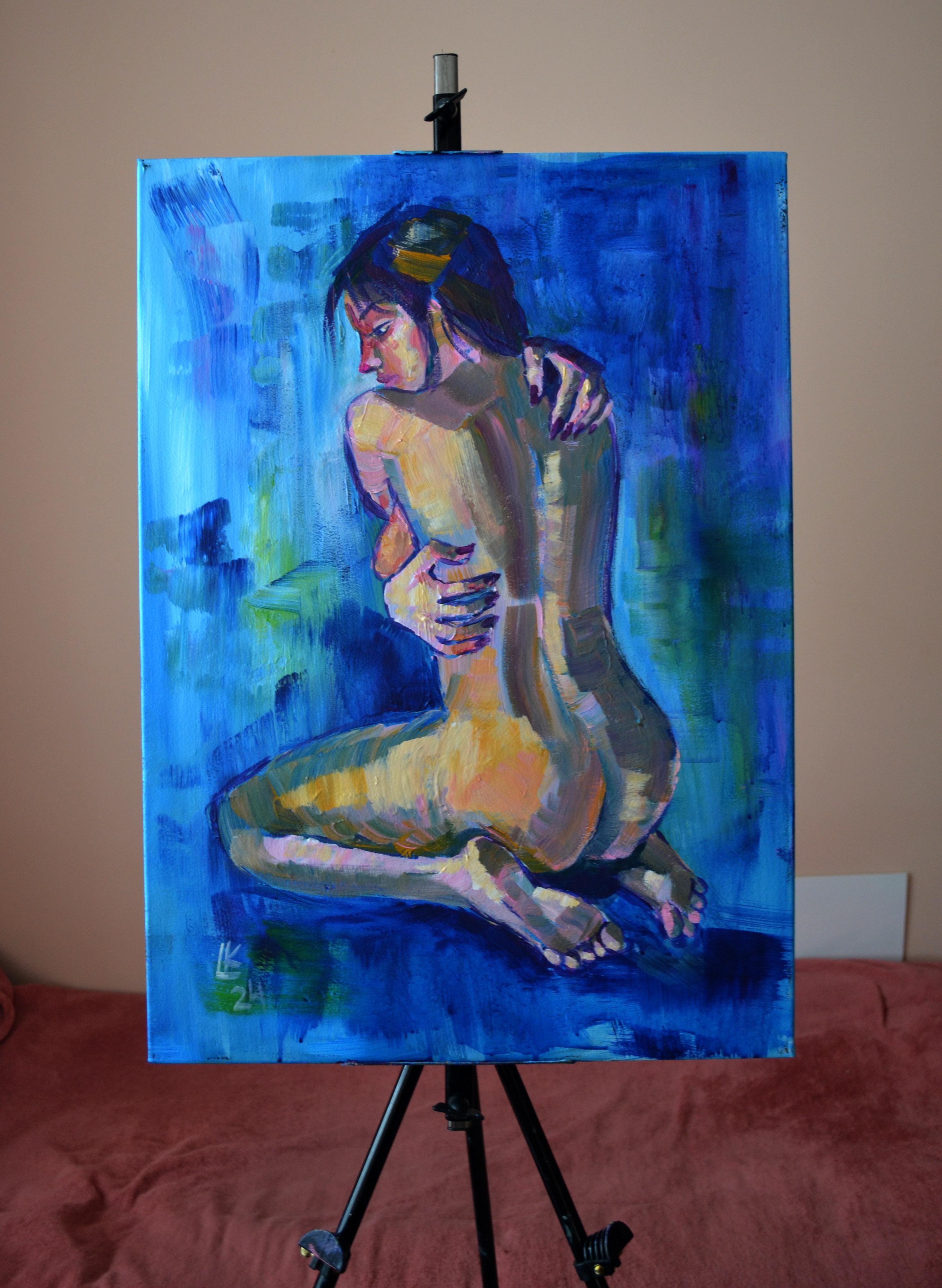 Indigo Solitude Nude Women Portrait Painting by Lada Kholosho For Sale 3
