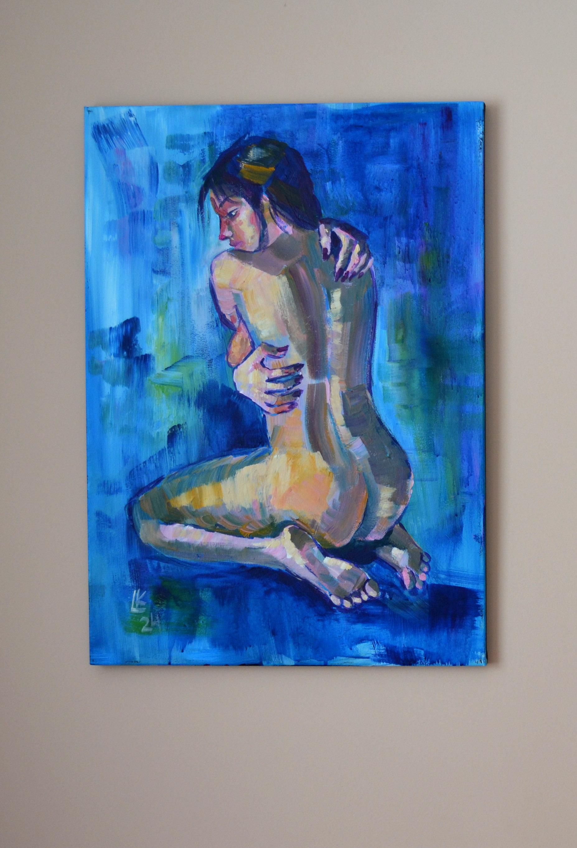 Indigo Solitude Nude Women Portrait Painting by Lada Kholosho For Sale 4