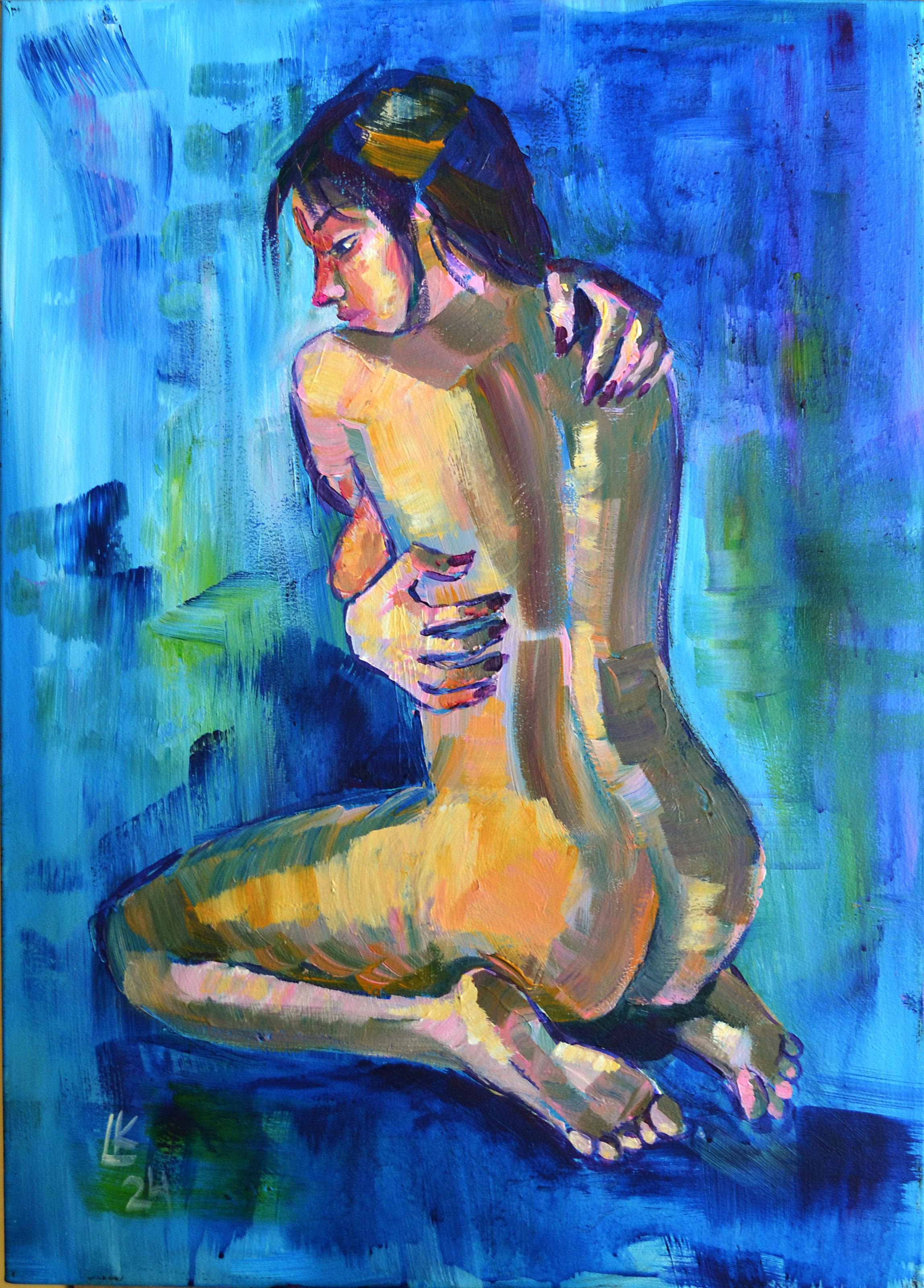 This original acrylic painting on canvas is an impressive work created by artist Lada Kholosho in 2024. It depicts a solitary figure wrapped in an embrace and rendered in a vivid palette dominated by shades of blue, which evoke the depths and