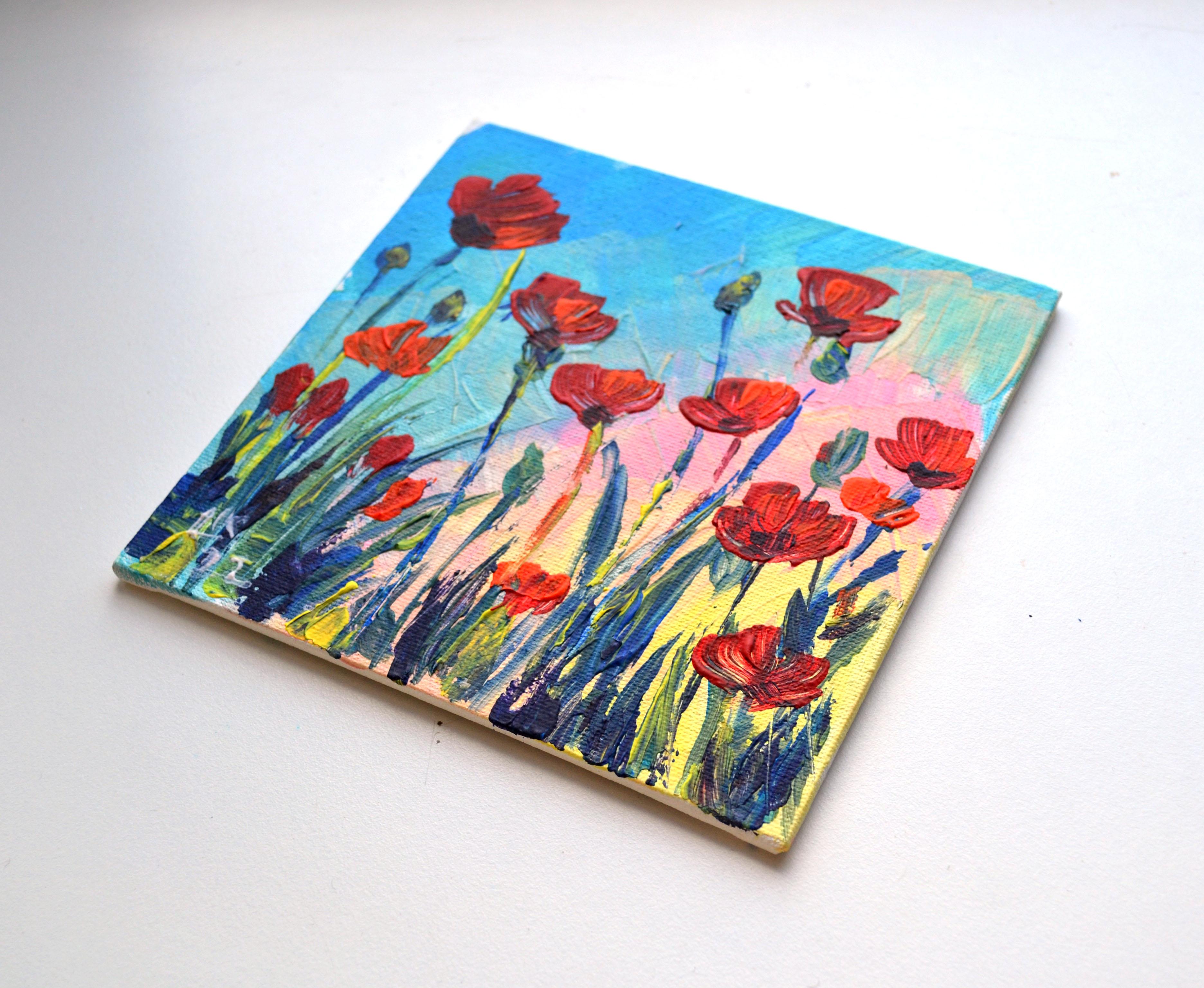 Red Poppies - Gray Landscape Painting by Lada Kholosho