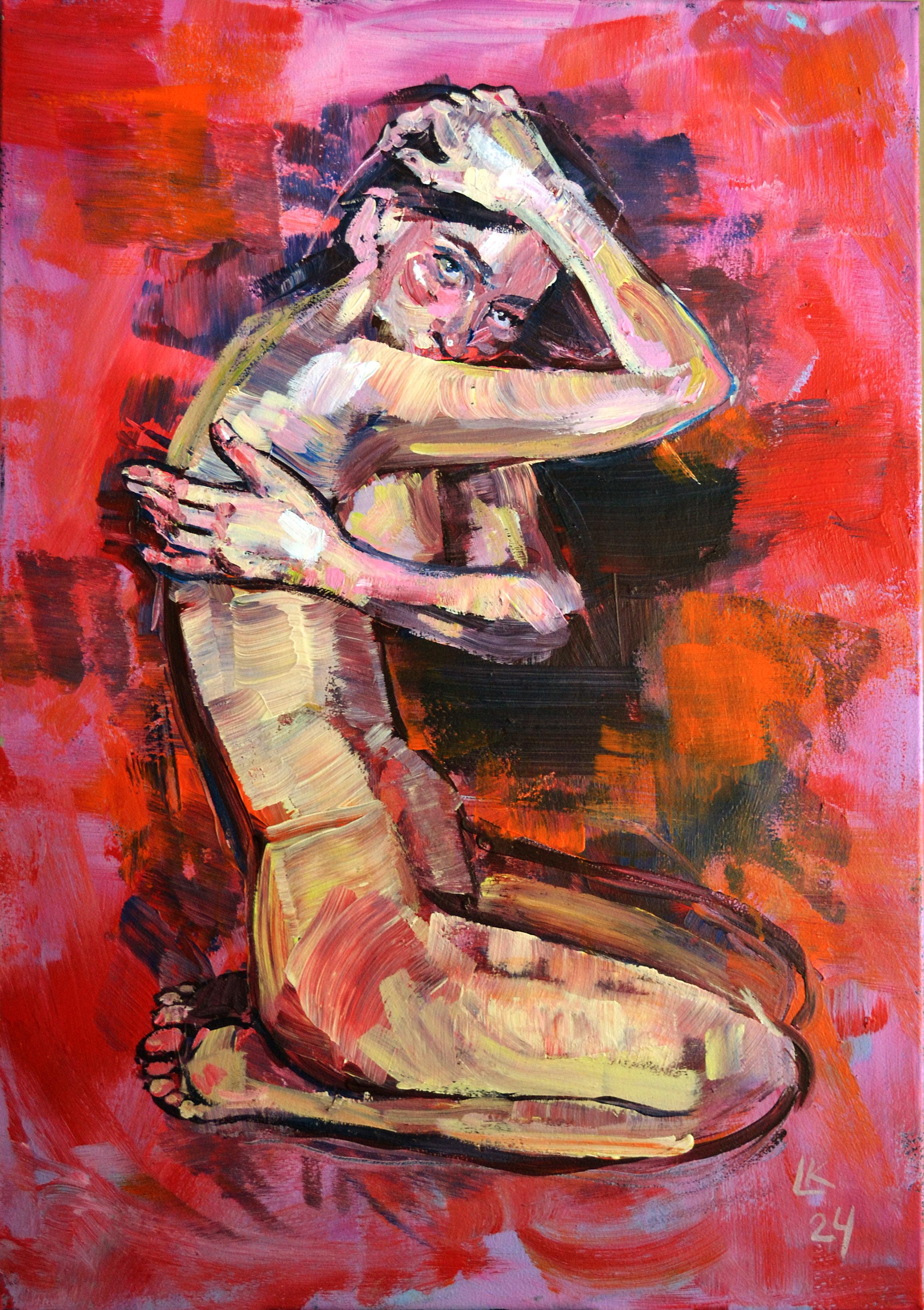 In this artwork, the serenity of the figure is juxtaposed with the dynamic scarlet background, symbolizing comfort in passion and color. 
The painting portrays the female form in a modernist approach, showcasing a mix of portraiture, expressionism,