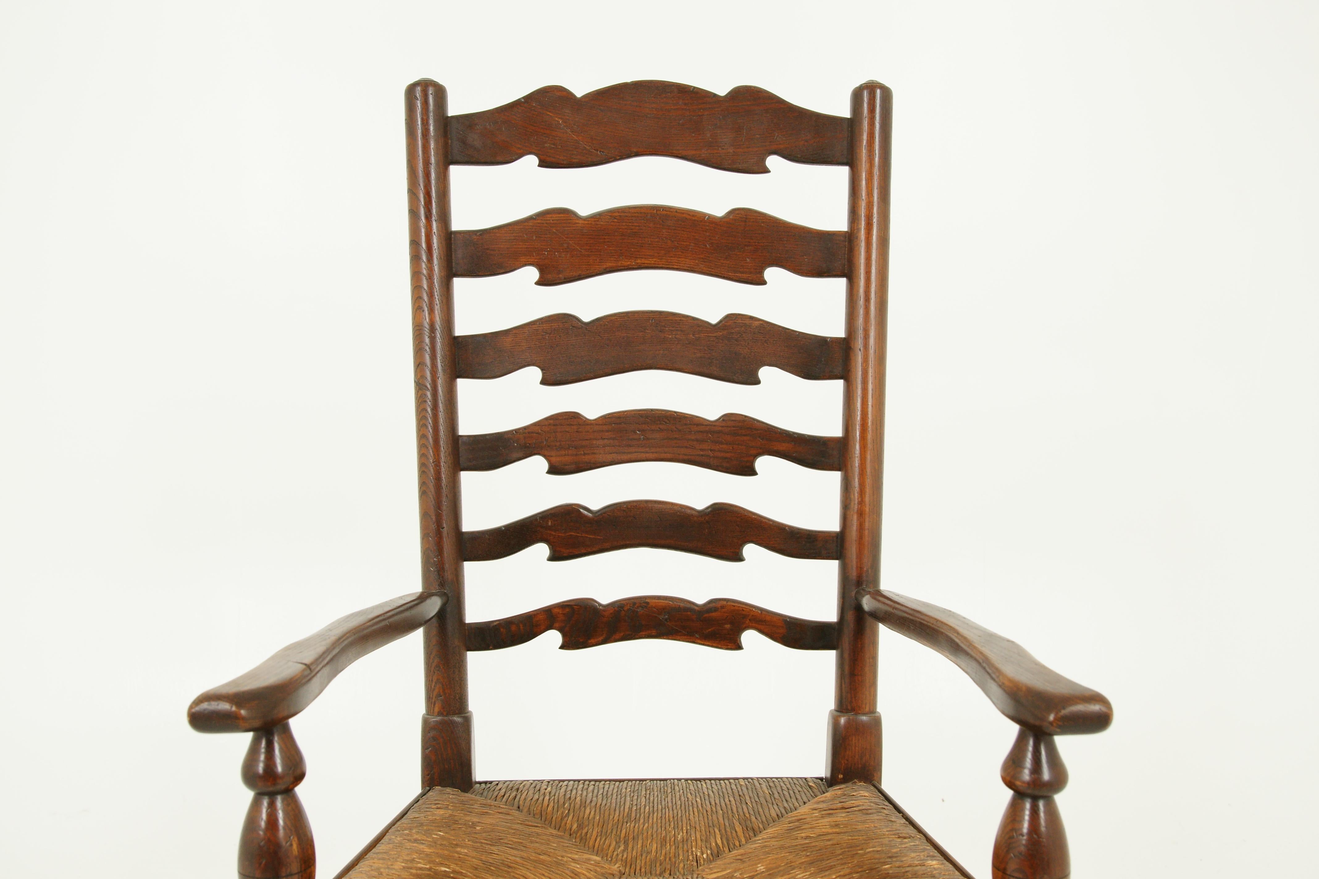 Antique ladder-back chair, rush seat, elm, Scotland 1920, Antique Furniture, B1154

Solid elm construction
Original finish
With graduated two tier ladder to the back
Raised on cylindrical column support
Shaped arm rests
Lift out woven rush