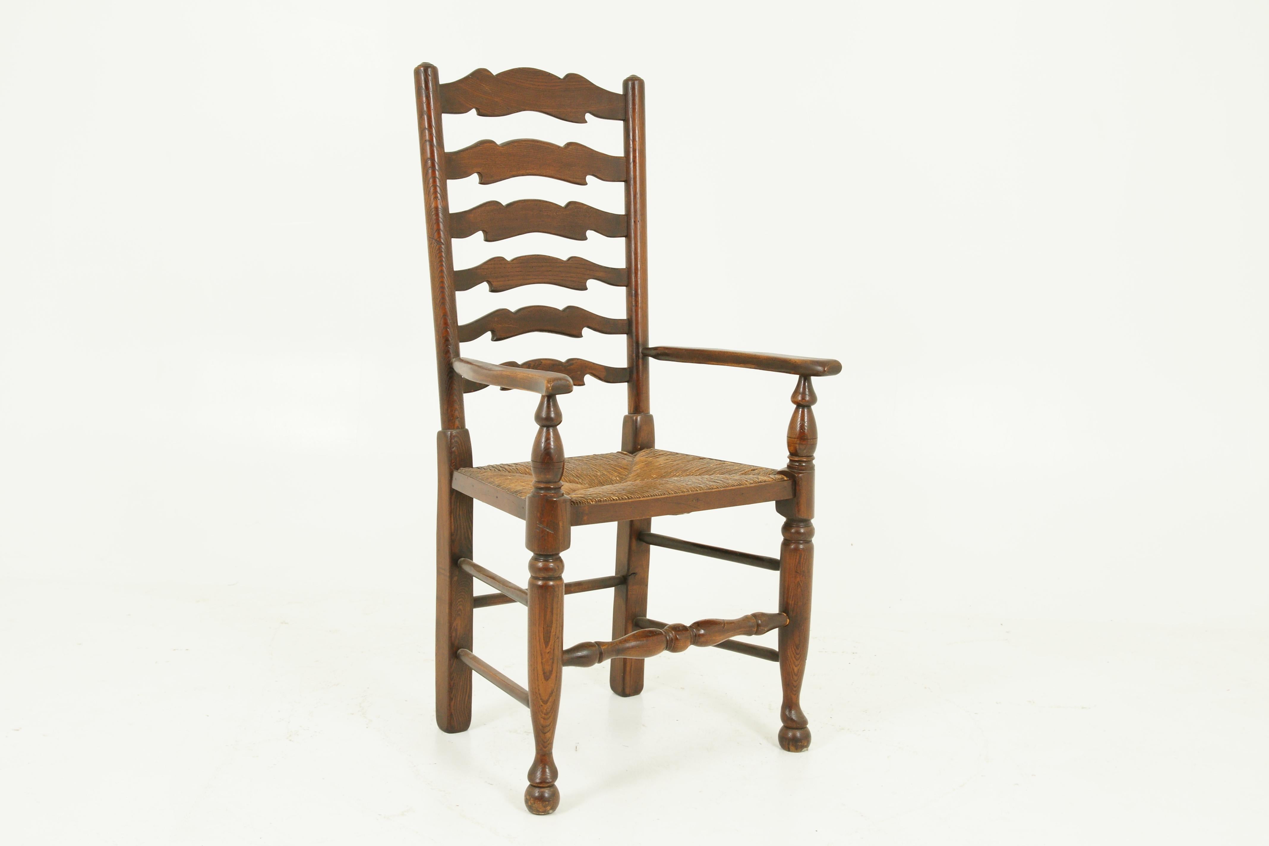 Scottish Antique Ladder-Back Chair, Rush Seat, Elm, Scotland 1920, B1154