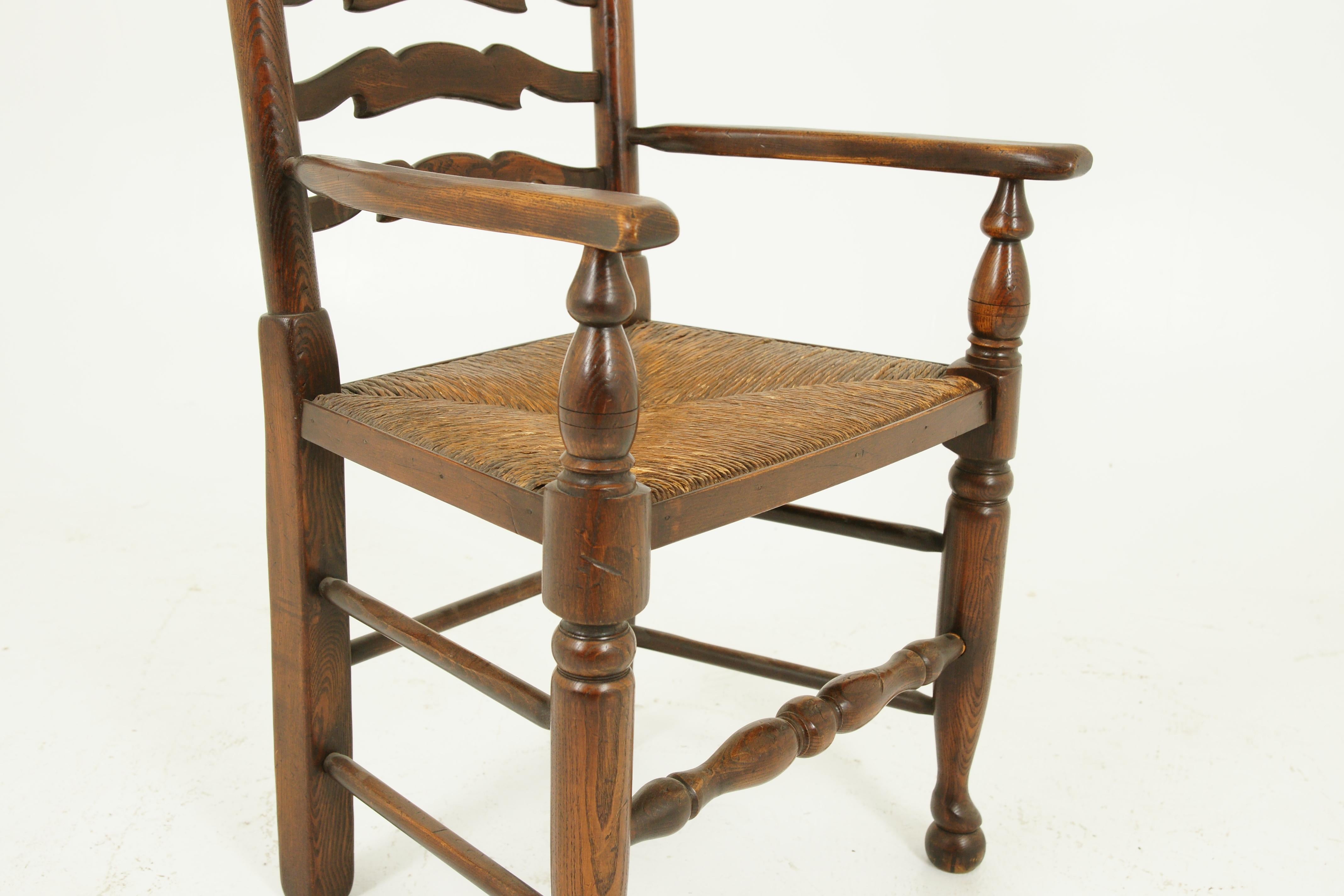 Hand-Crafted Antique Ladder-Back Chair, Rush Seat, Elm, Scotland 1920, B1154