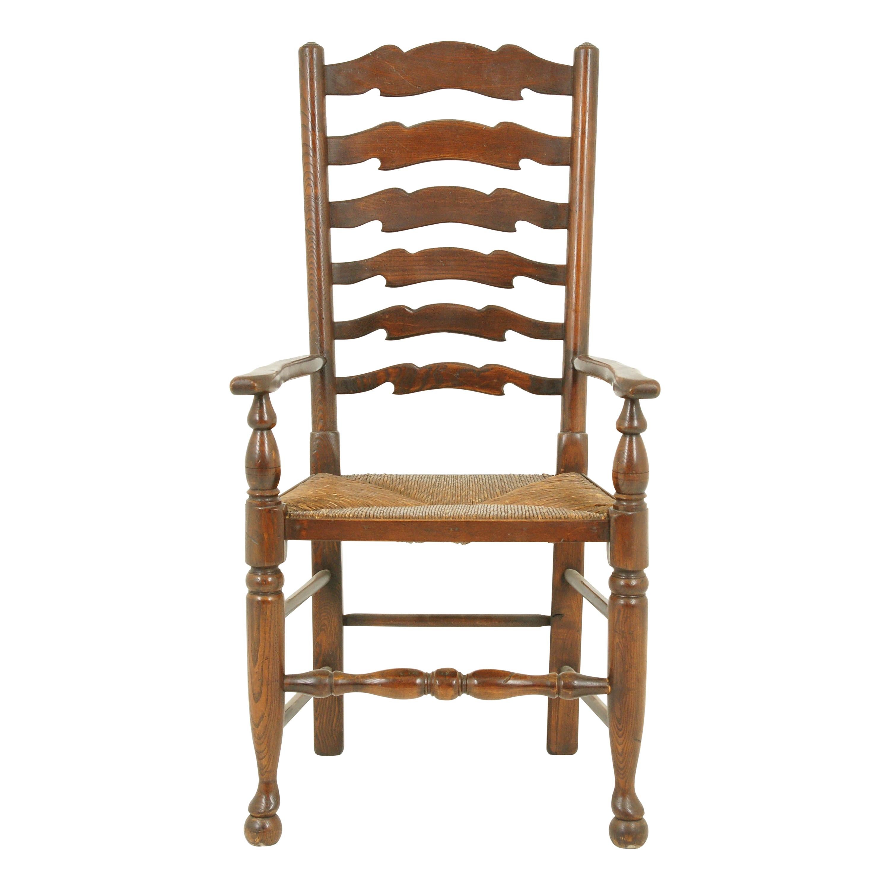 Antique Ladder-Back Chair, Rush Seat, Elm, Scotland 1920, B1154