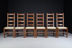 Ladder Back Chairs Crafted in Oak and Leather Seats, France, 1950s