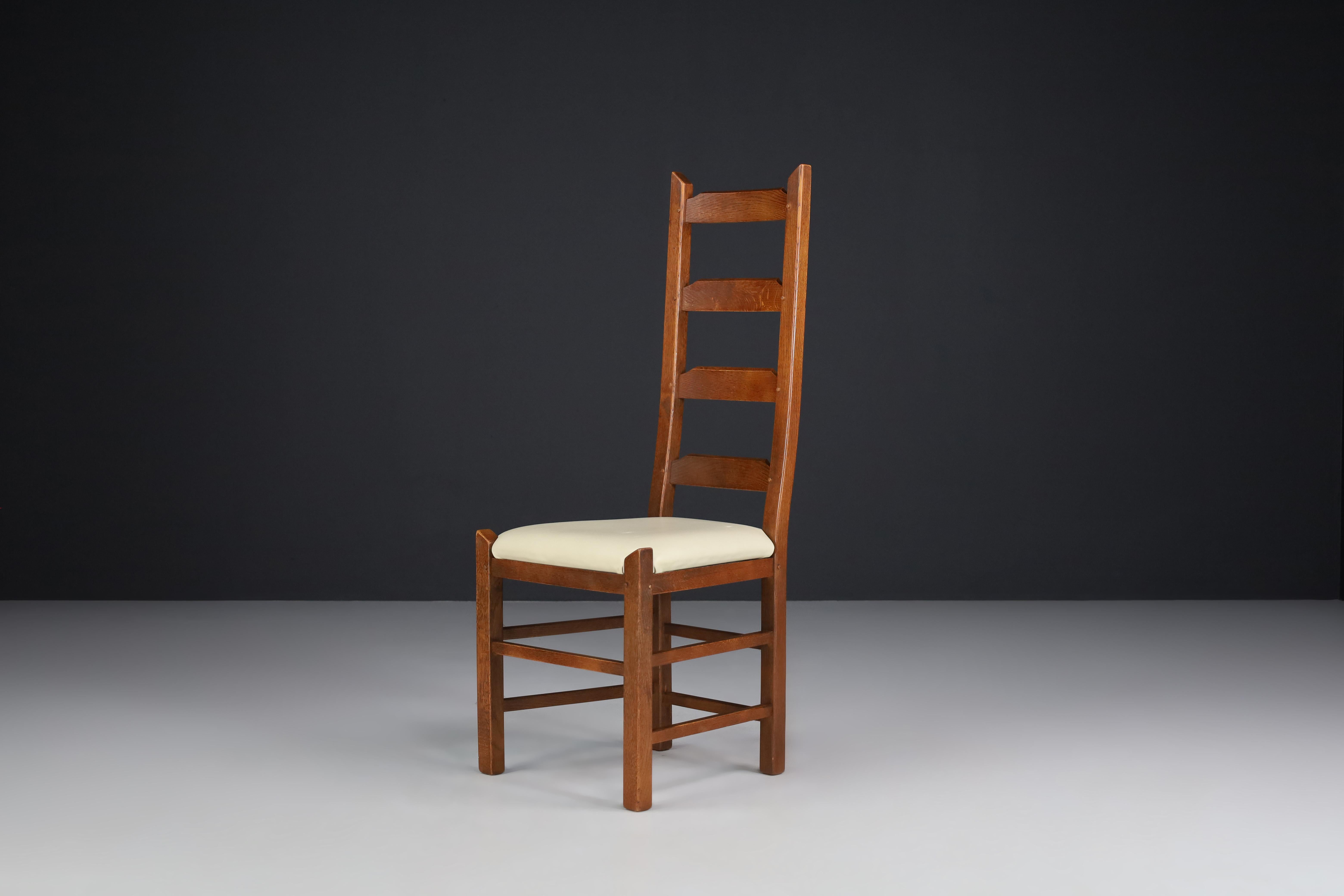Brutalist Ladder Back Chairs Crafted in Oak and Leather Seats, France, 1950s For Sale