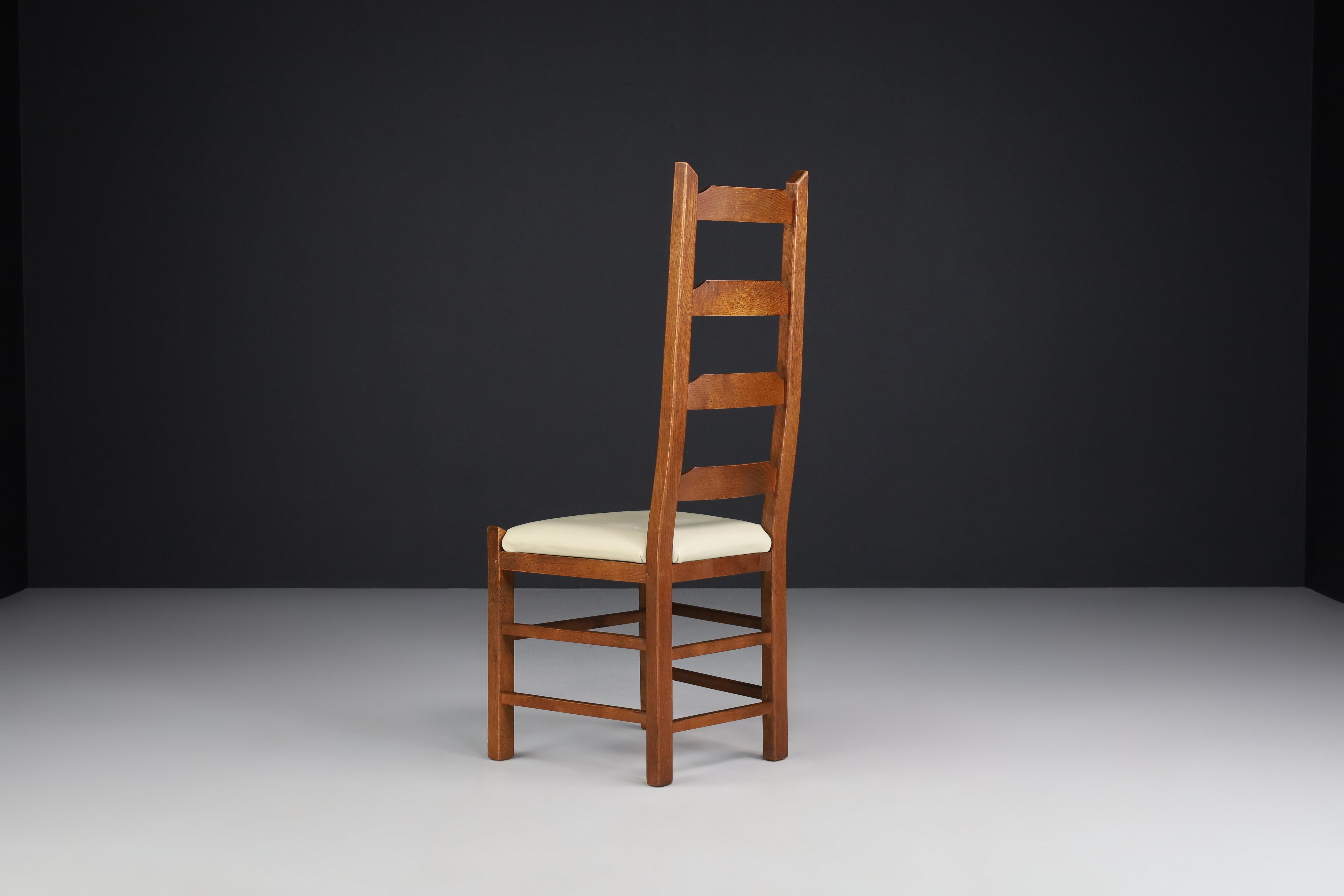 French Ladder Back Chairs Crafted in Oak and Leather Seats, France, 1950s For Sale