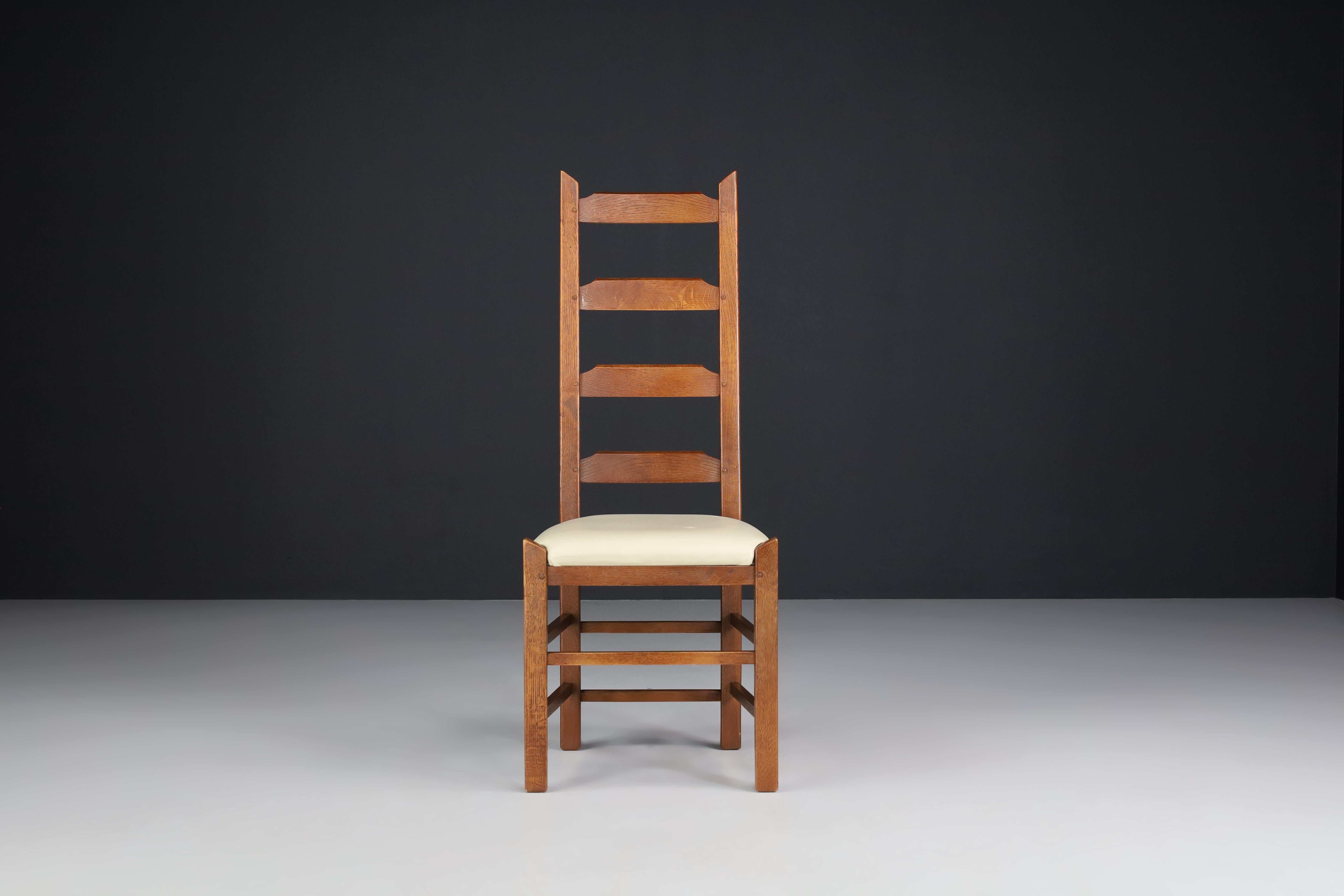 20th Century Ladder Back Chairs Crafted in Oak and Leather Seats, France, 1950s For Sale