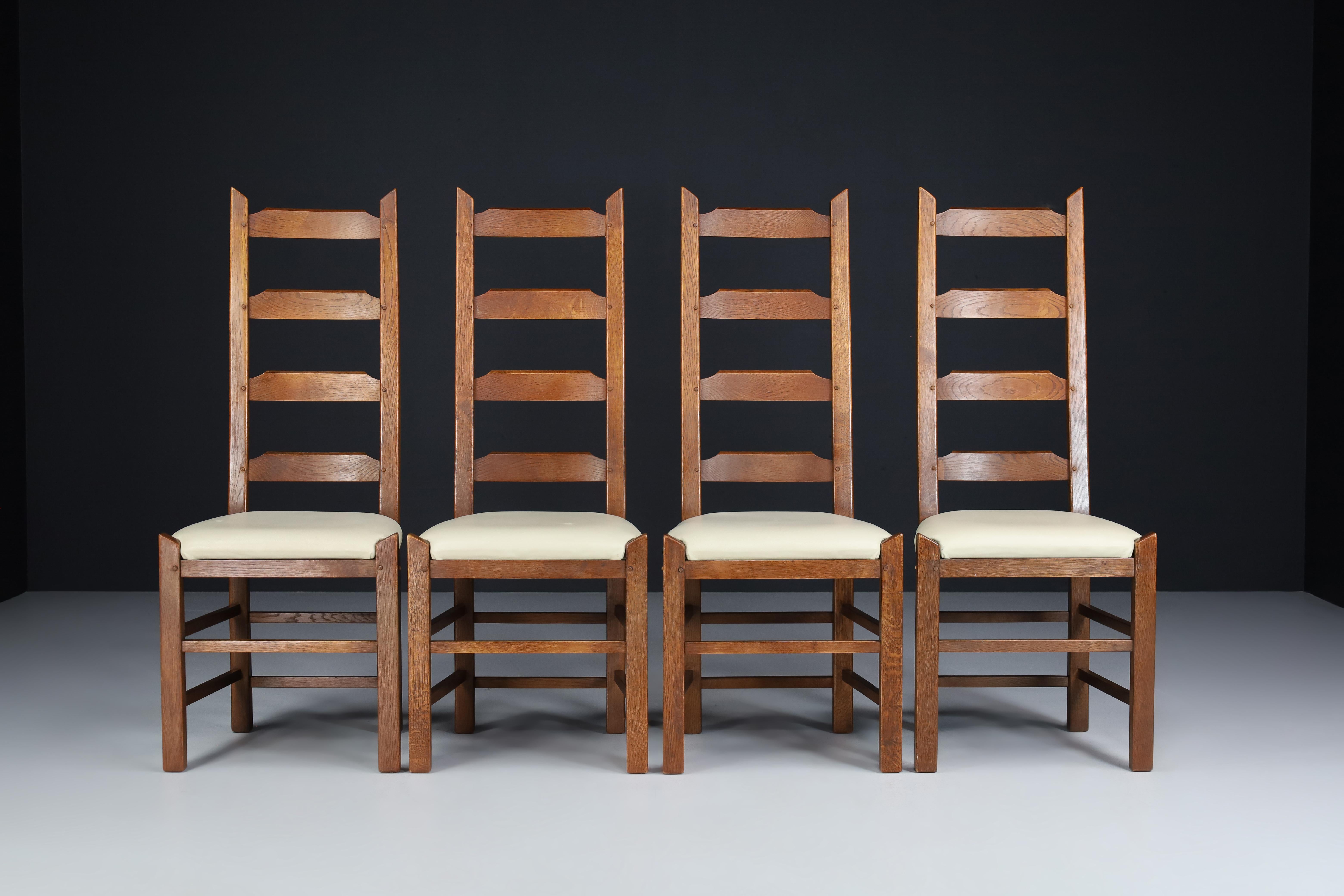 Ladder Back Chairs Crafted in Oak and Leather Seats, France, 1950s For Sale 2