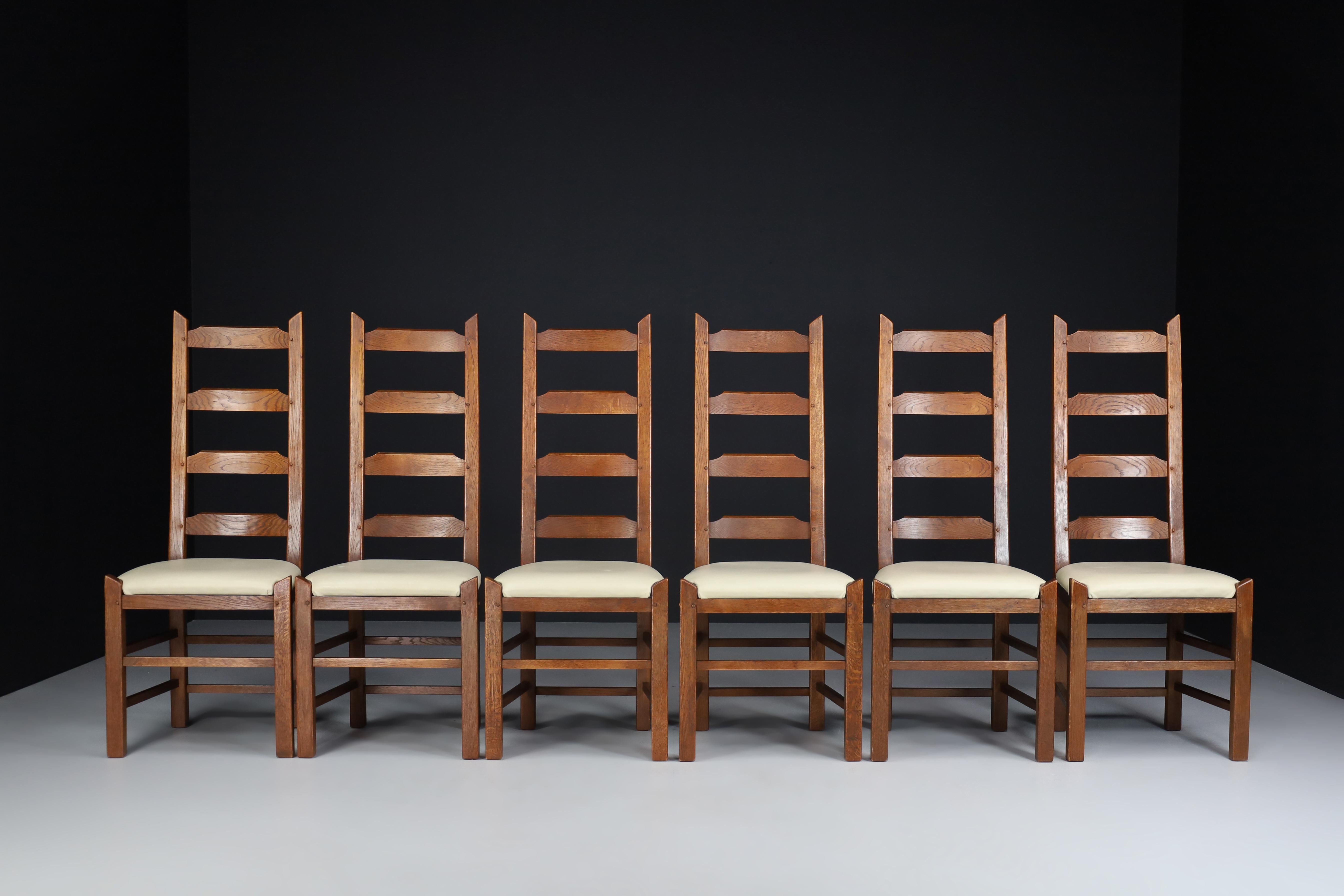 Ladder Back Chairs Crafted in Oak and Leather Seats, France, 1950s For Sale 3