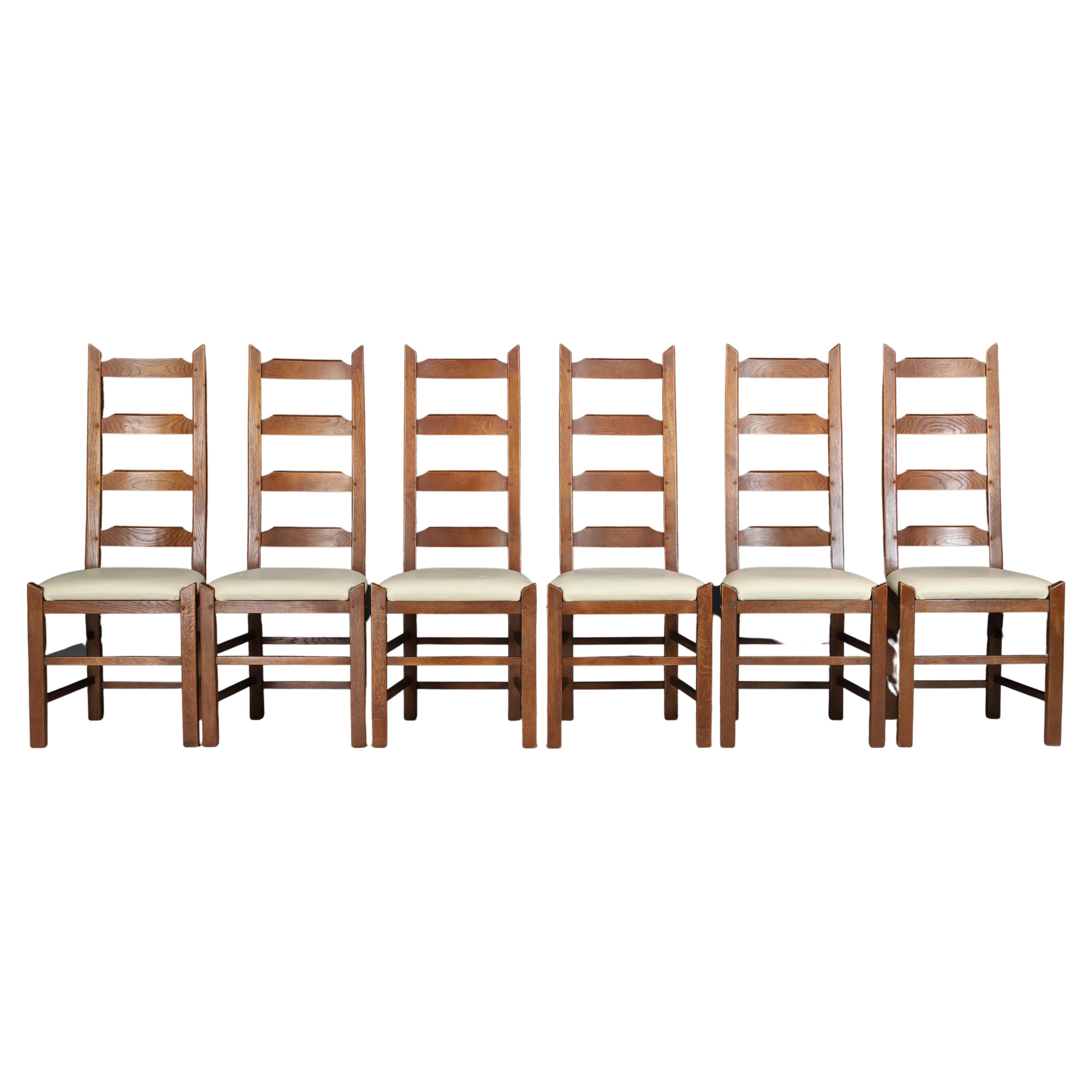 Ladder Back Chairs Crafted in Oak and Leather Seats, France, 1950s For Sale