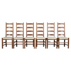 Ladder Back Chairs Crafted in Oak and Leather Seats, France, 1950s