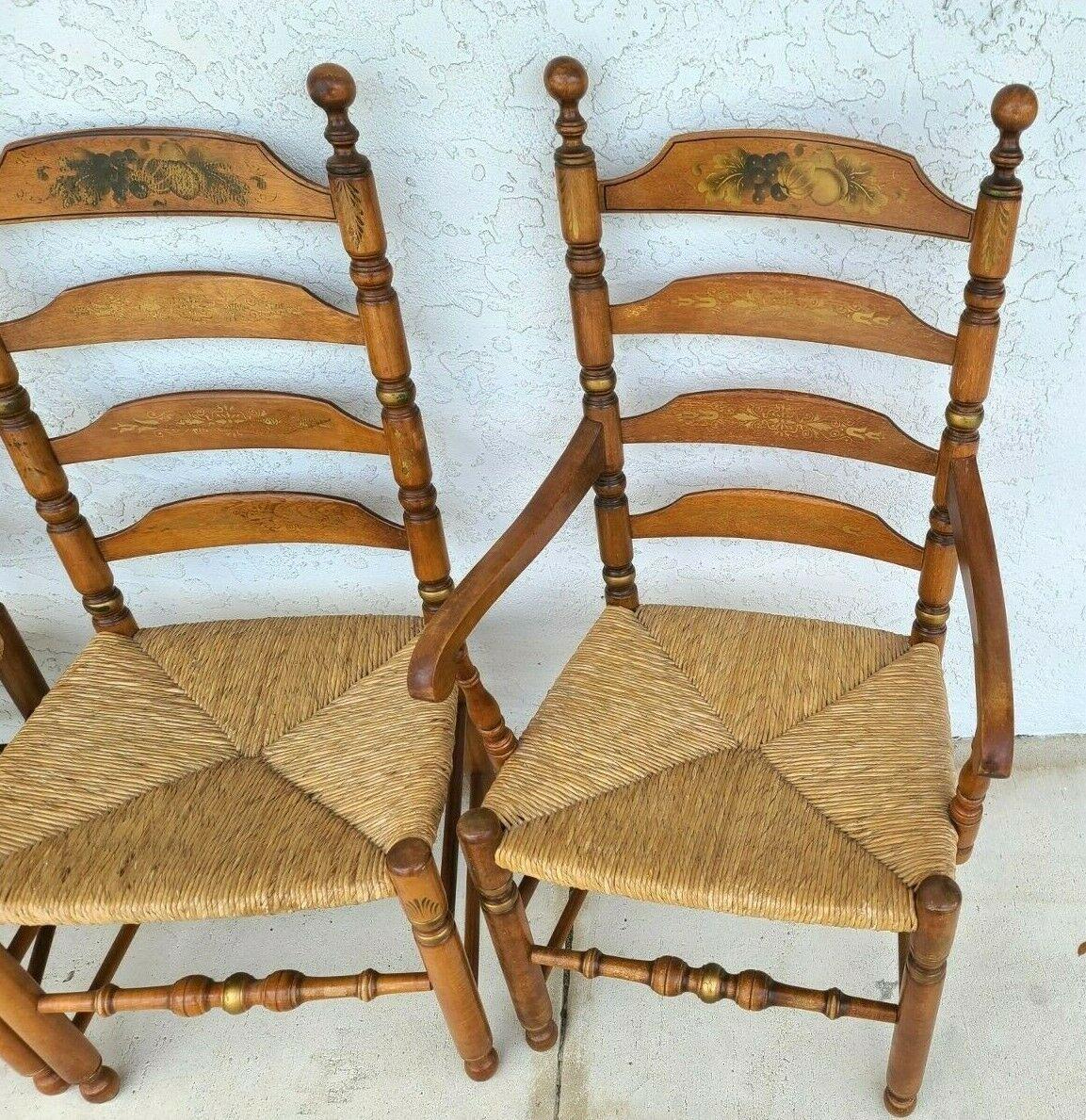 Mid-20th Century Ladder Back Dining Chairs Harvest Stenciled Rush Seat by L Hitchcock For Sale