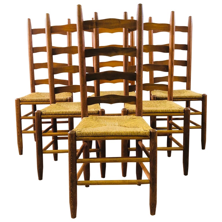 Ladder Back Dining Chairs with Rush Seats, Set of 6 For Sale at 1stDibs