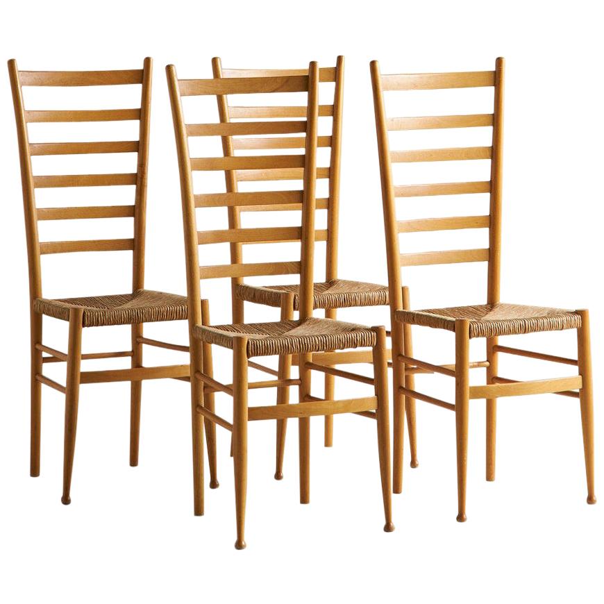 Ladderback and Rush Seat Italian Wooden Dining Chairs, Set of 4