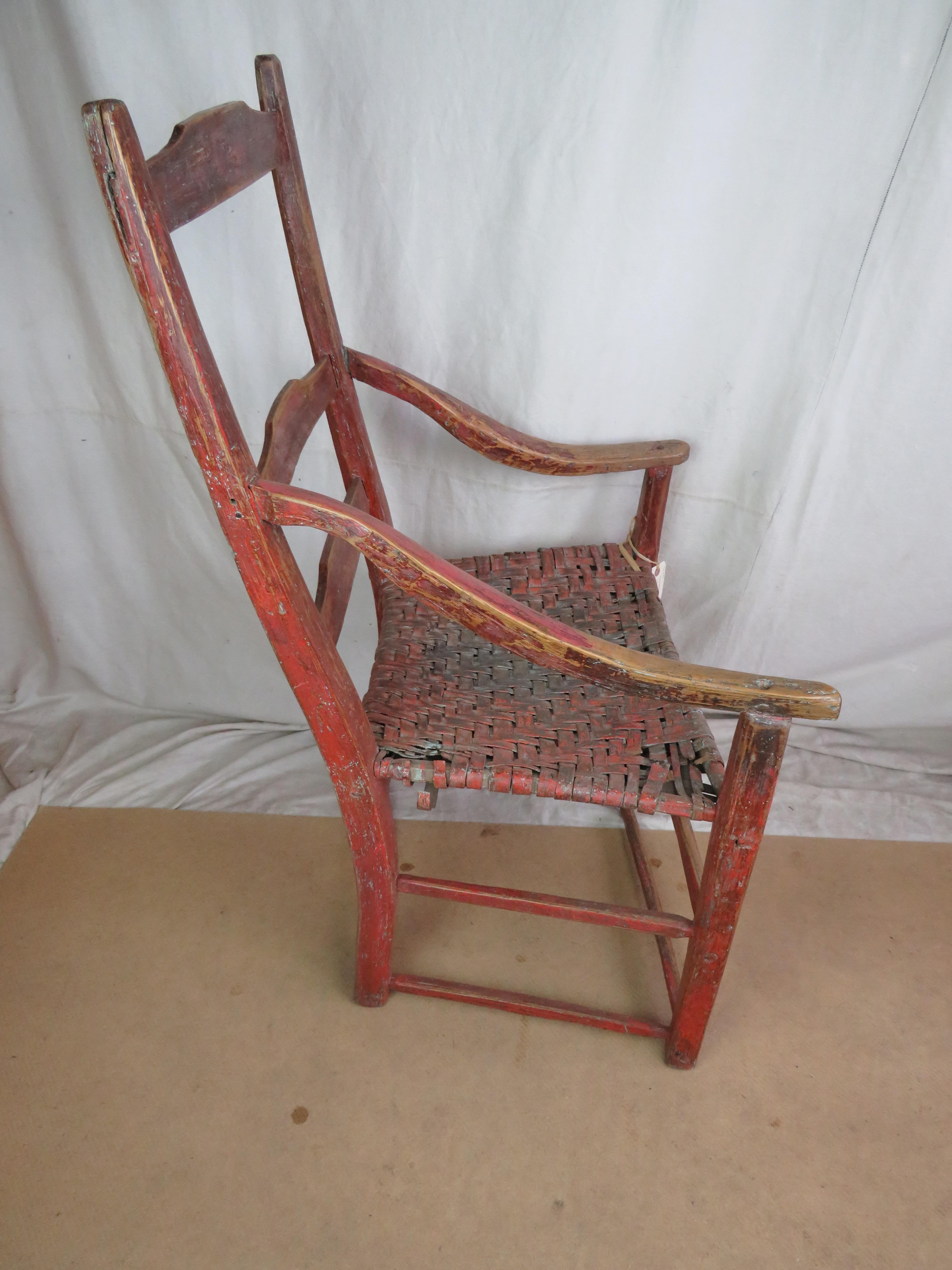 Late 18th Century Canadian Ladderback Armchair In Red Paint For Sale 9