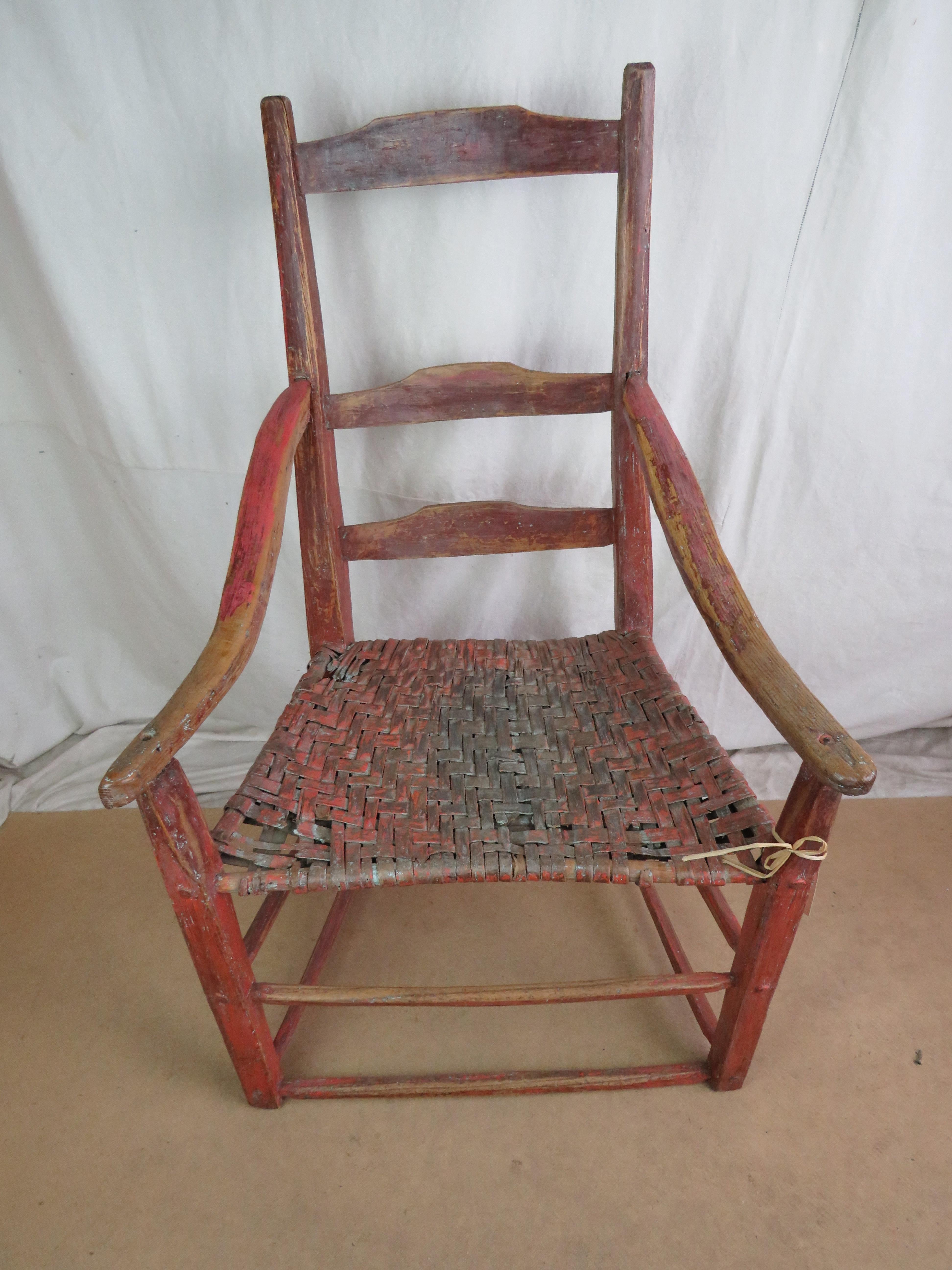 Late 18th Century Canadian Ladderback Armchair In Red Paint For Sale 1