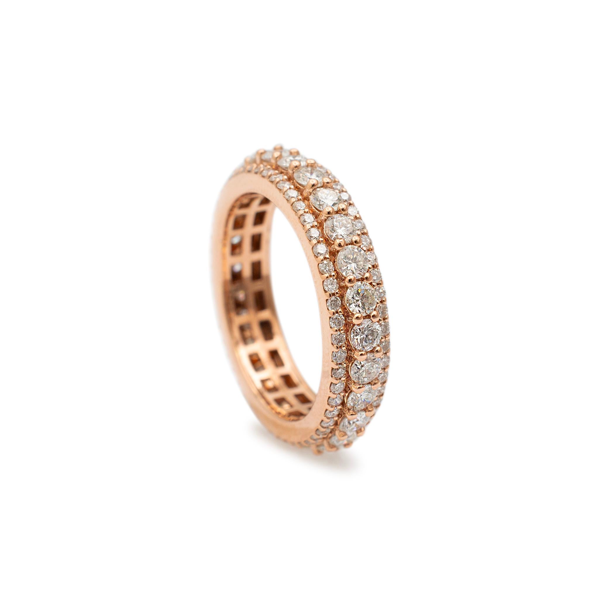 Ladies 10K Rose Gold 3.32CT. Three Row Full Eternity Diamond Wedding Band In Excellent Condition For Sale In Houston, TX