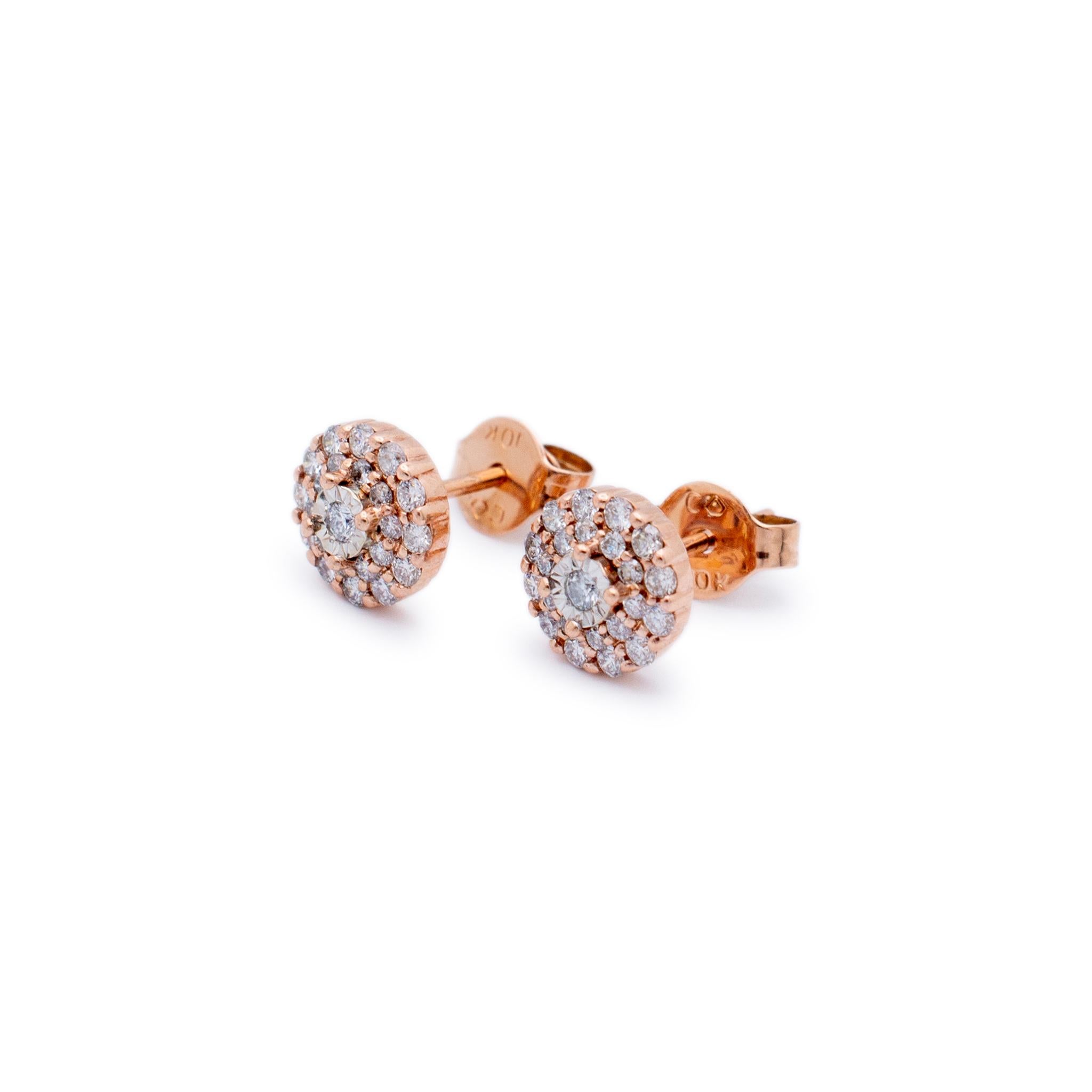 Round Cut Ladies 10K Rose Gold Cluster Halo Diamond Stud Earrings
