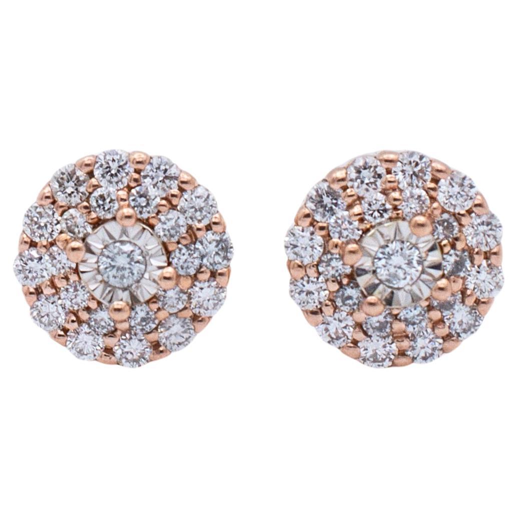 Boucles d'oreilles pour dames en or rose 10K avec halo de diamants en forme de grappe