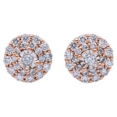 Boucles d'oreilles pour dames en or rose 10K avec halo de diamants en forme de grappe