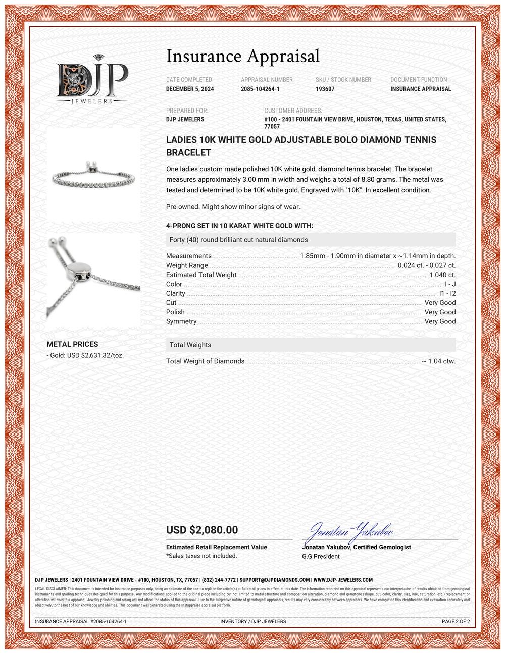 Damen 10K Weißgold Verstellbares Bolo Diamant Tennisarmband 2