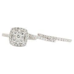Ladies 10K White Gold Cluster Diamond Engagement Ring & Two Diamond Wedding Band