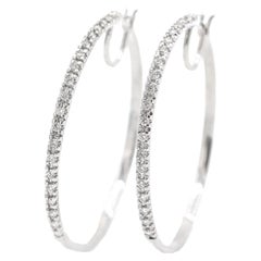 Ladies 10K White Gold Diamond Medium Hoops Earrings