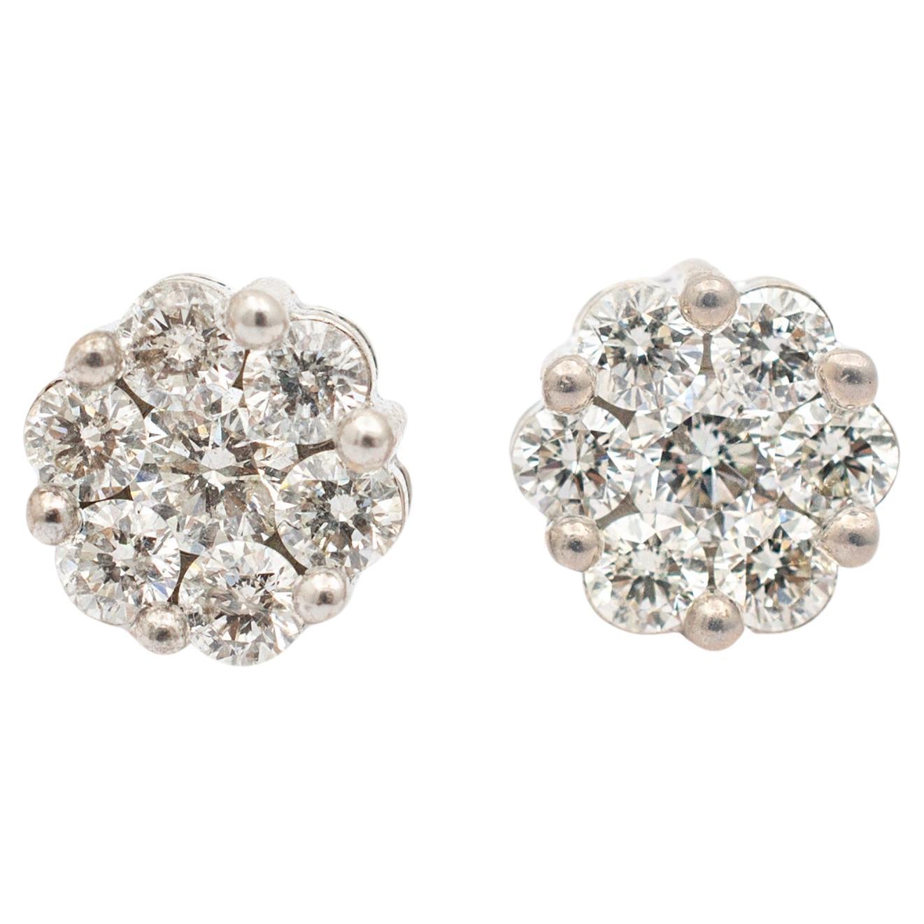Ladies 10K White Gold Floral Cluster Diamond Stud Earrings